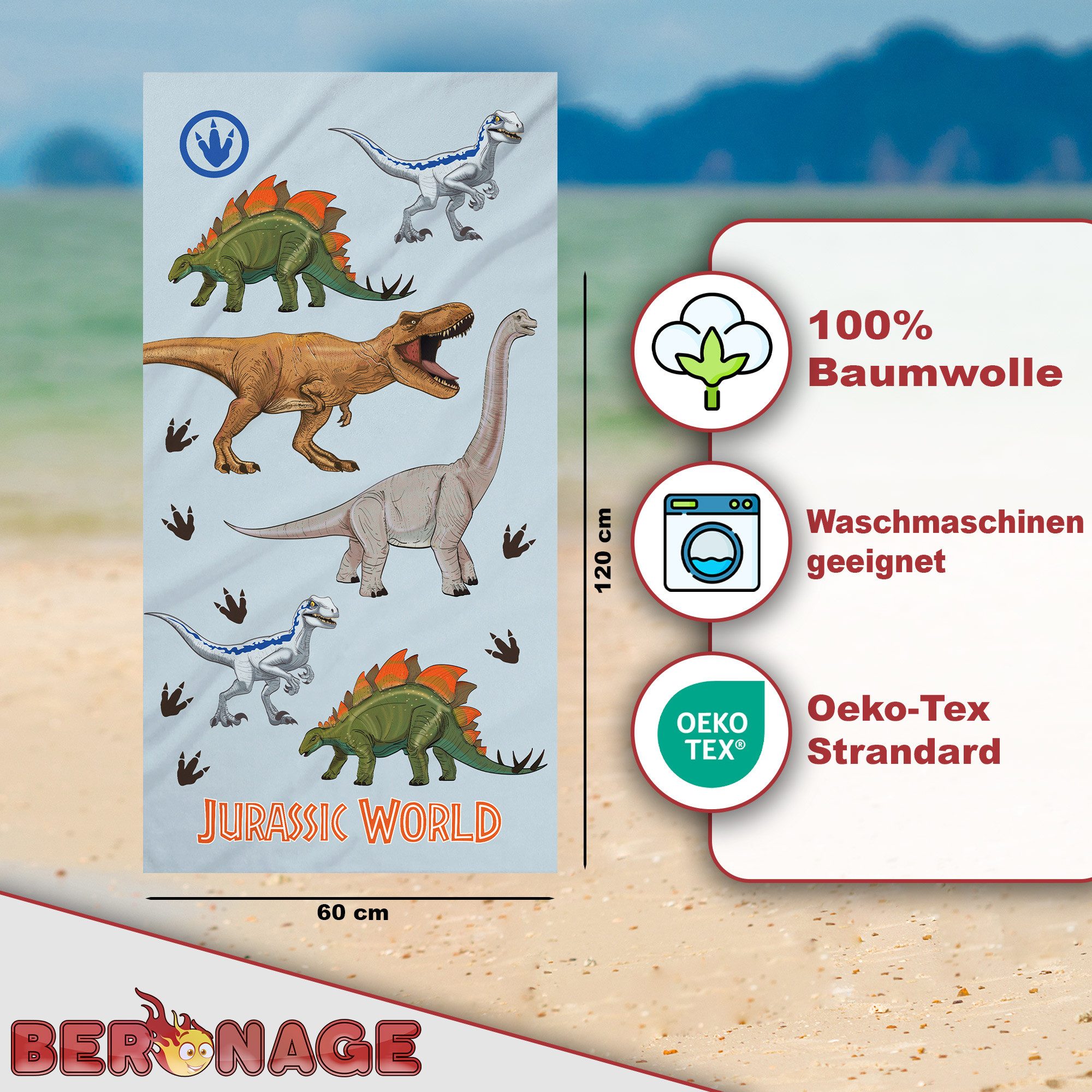 BERONAGE Strandtücher Jurassic World Badetuch Dinosaurier Park 60x120 cm, 1 günstig online kaufen