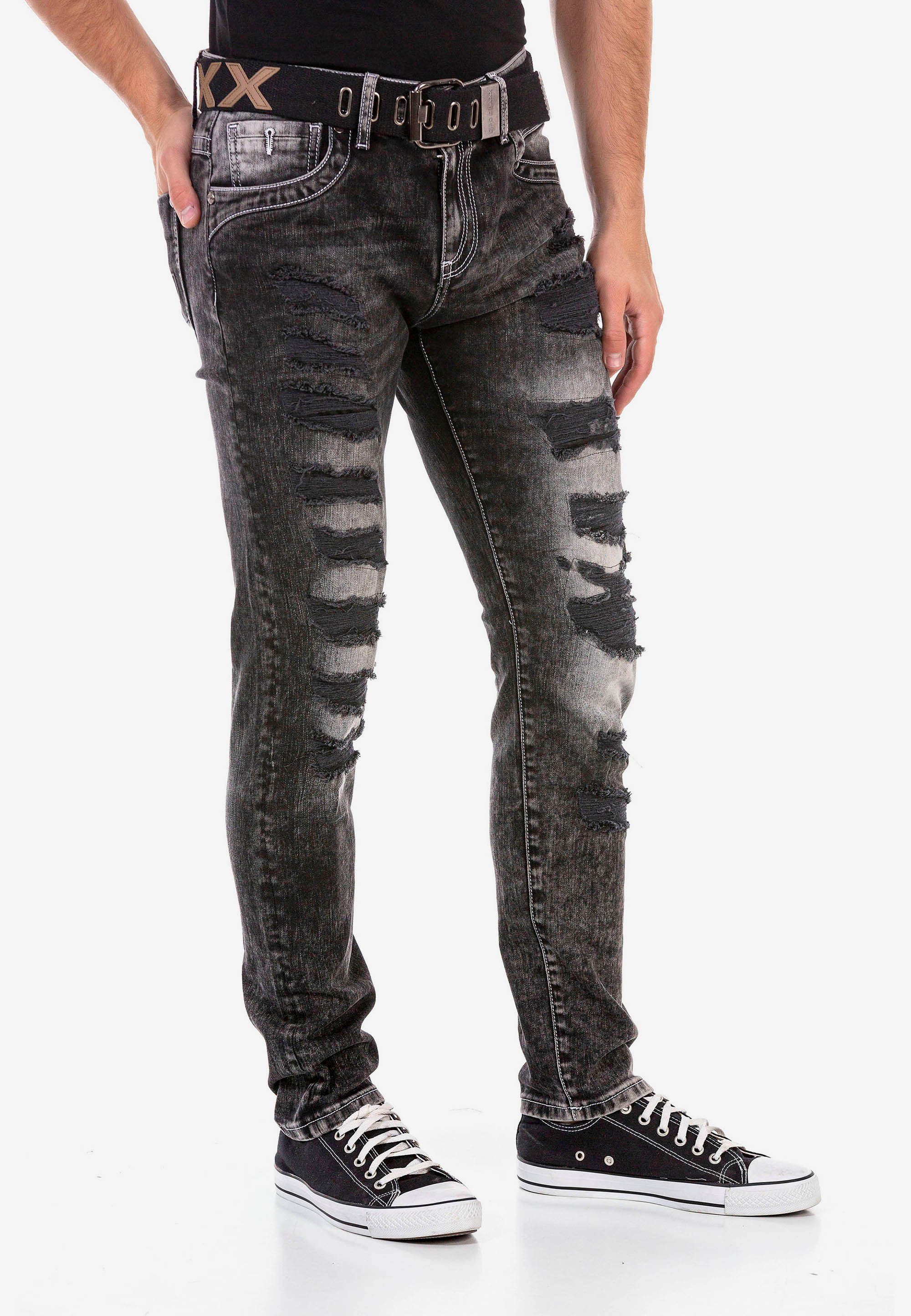 Herren Jeans Cipo & Baxx Straight-Jeans im modischem Destroyed-Look mit Gürtel
