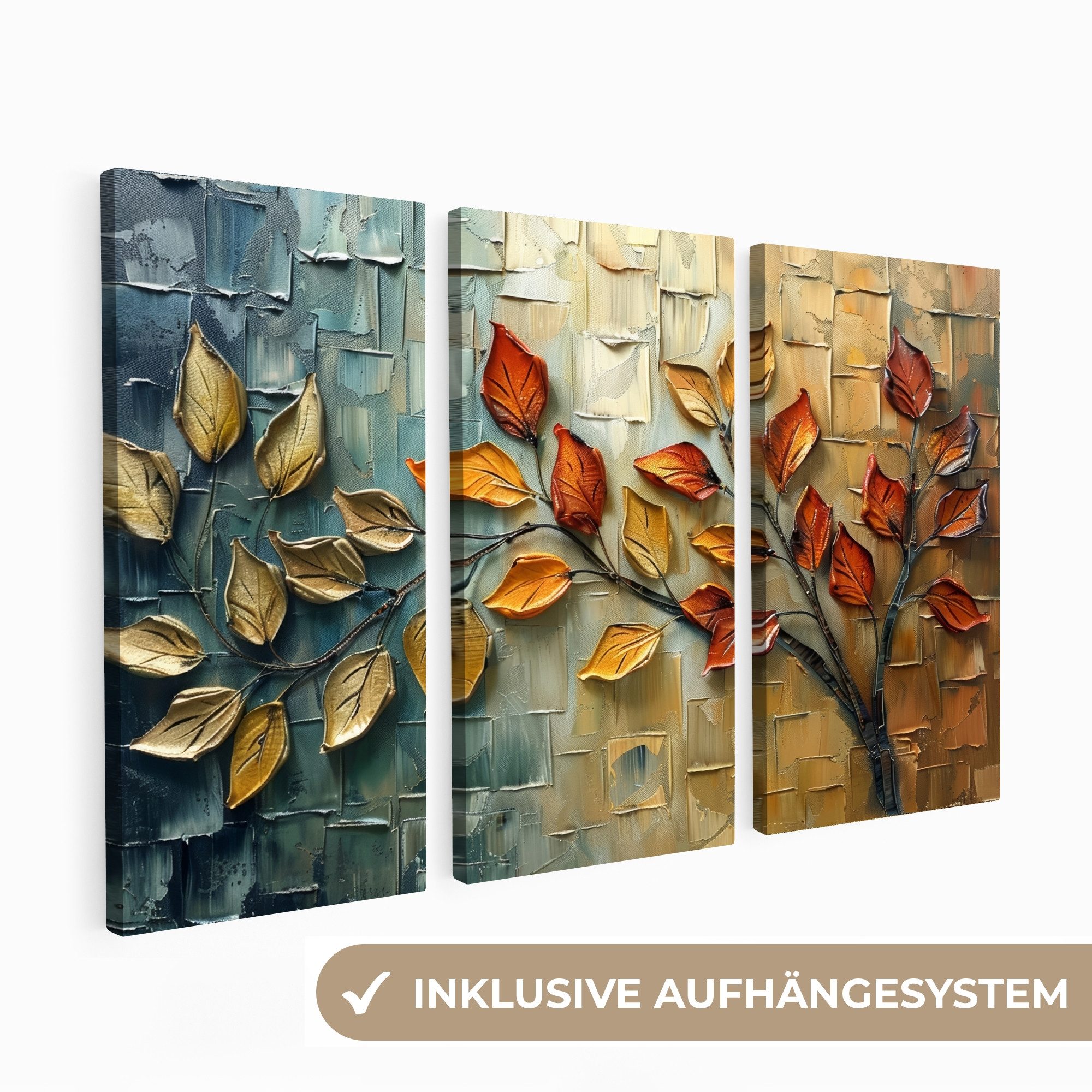 MuchoWow Leinwandbild Baum - Blätter - Natur - Farblook, Fotodruck (3 St), Wand Bilder 3 Set, Deko Schlafzimmer Wohnzimmer Flur 60x40 cm
