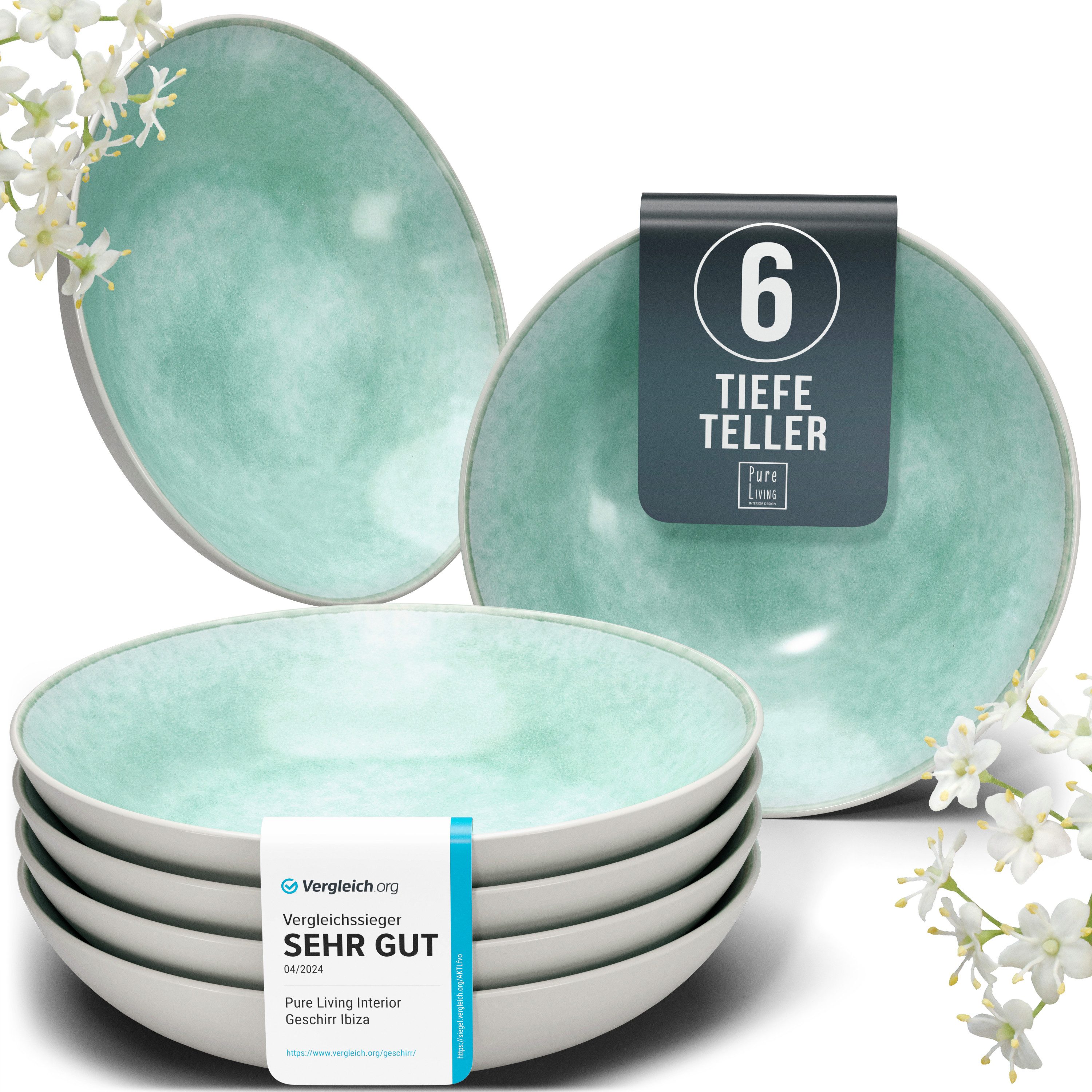 PURE LIVING INTERIOR DESIGN Geschirr-Set Ibiza, 6er-Set Suppenteller, 20 cm, Riffelstruktur, Türkis (6-tlg), 6 Personen, Steingut
