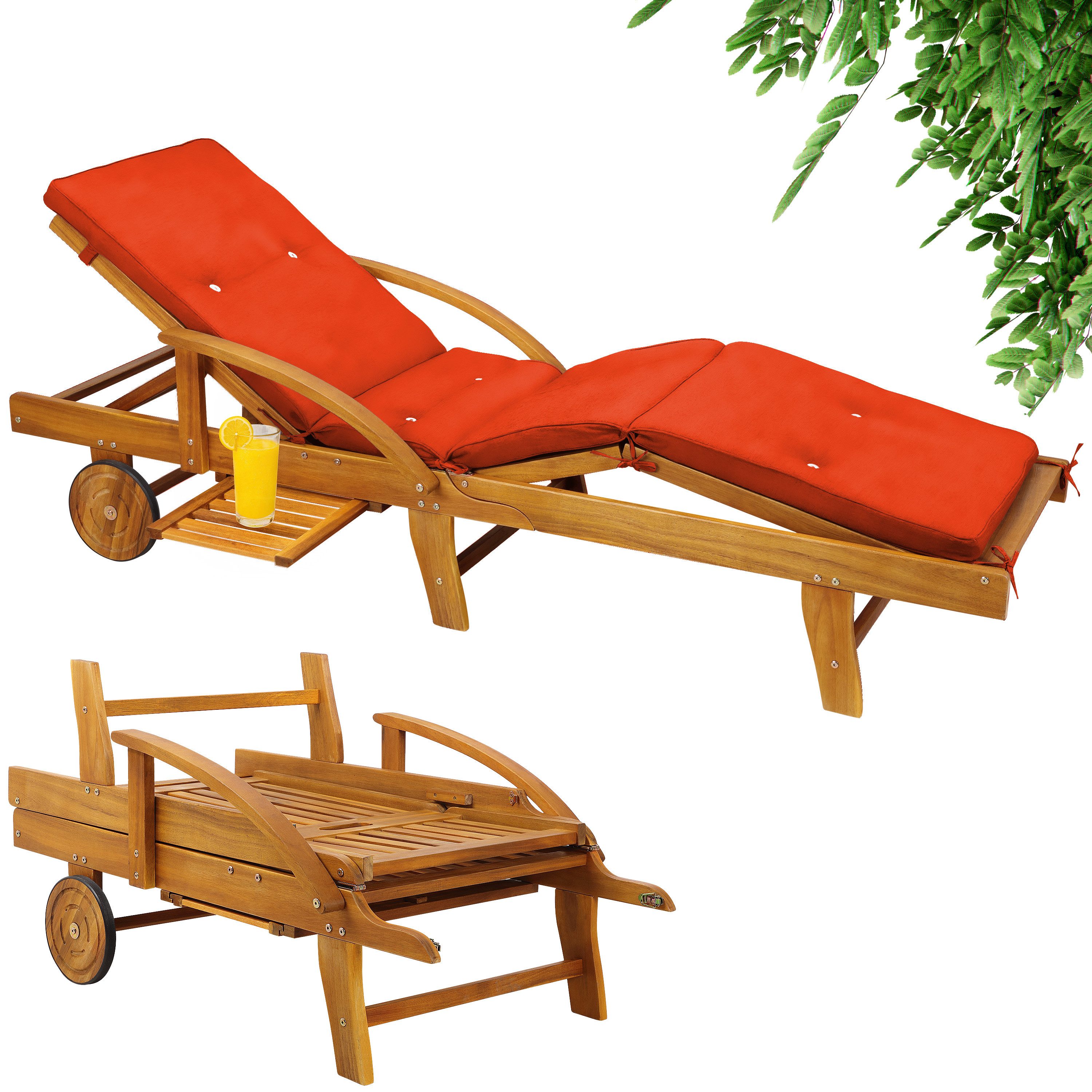 Casaria Gartenliege, Auflage Orange 320kg Belastbar Klappbar Räder Ablage Akazie Garten