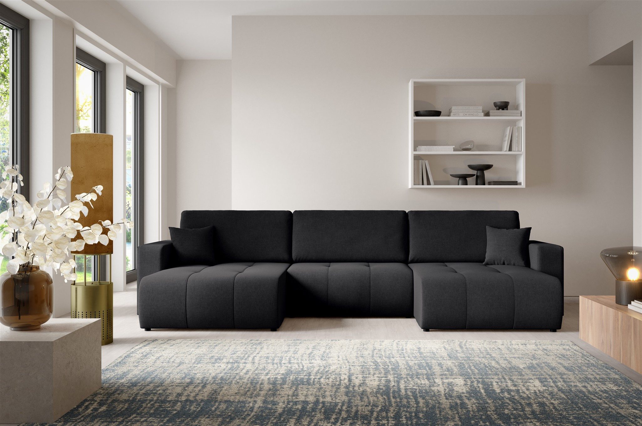 Fun Möbel Wohnlandschaft Sofa mit Schlaffunktion AUGUSTO Velourstoff Wind, mit Bettkasten und Schlaffunktion, inkl. 3 Rückenkissen und 2 Zierkissen