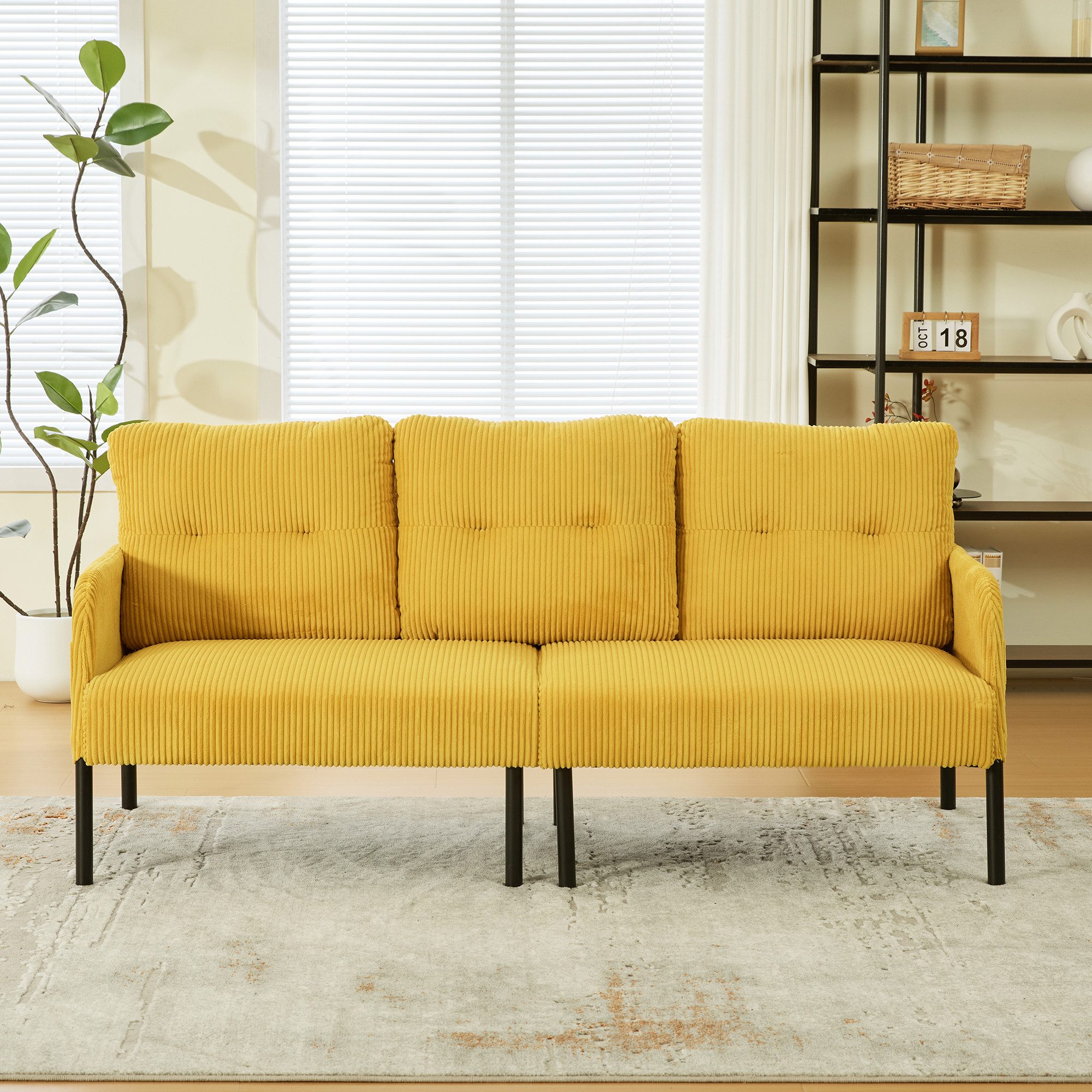 STILVORA Loungesofa Dreisitzer Cordsofa mit hoher Rückenlehne und Seitentaschen Gelb, Relaxsofa mit Stabile Metallfüße und robuste Konstruktion, Tiefe und breite Sitzfläche
