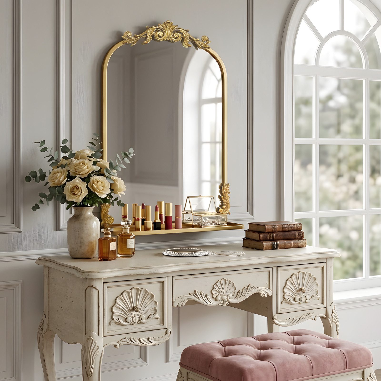 G-LEAF Wandspiegel Gold Barock Spiegel im Bogenform, mit Ablage (1-St), mit Relief-Krone, Antik-Stil Metallspiegel für Badezimmer, Flur