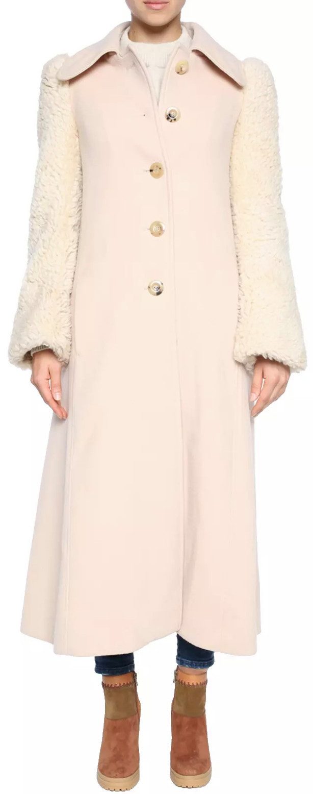 Chloé Langmantel Wintermantel Mantel Parka mit Lammfellärmel Ärmel aus flauschigem Lammfell,Flanellähnliche Struktur,Rückenschlitz