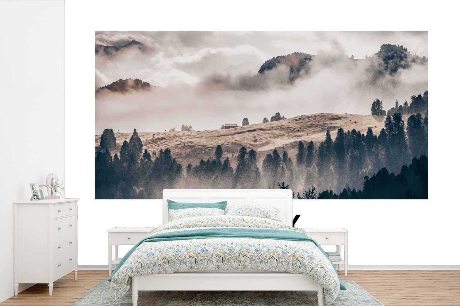 MuchoWow Fototapete Italien - Dolomiten - Sommer - Nebel, Matt, bedruckt, (6 St), Wallpaper für Wohnzimmer, Schlafzimmer, Kinderzimmer, Vinyl Tapete | Fototapeten