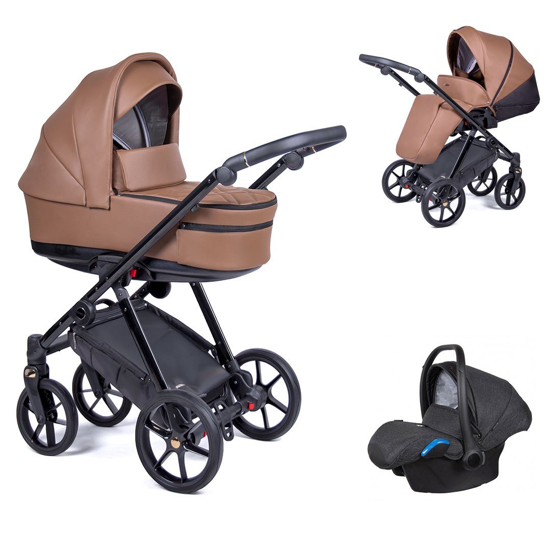 babies-on-wheels Kombi-Kinderwagen 3 in 1 Kinderwagen-Set Axxis Premium - 15 Teile - in 12 Designs Braun = Gestell schwarz
