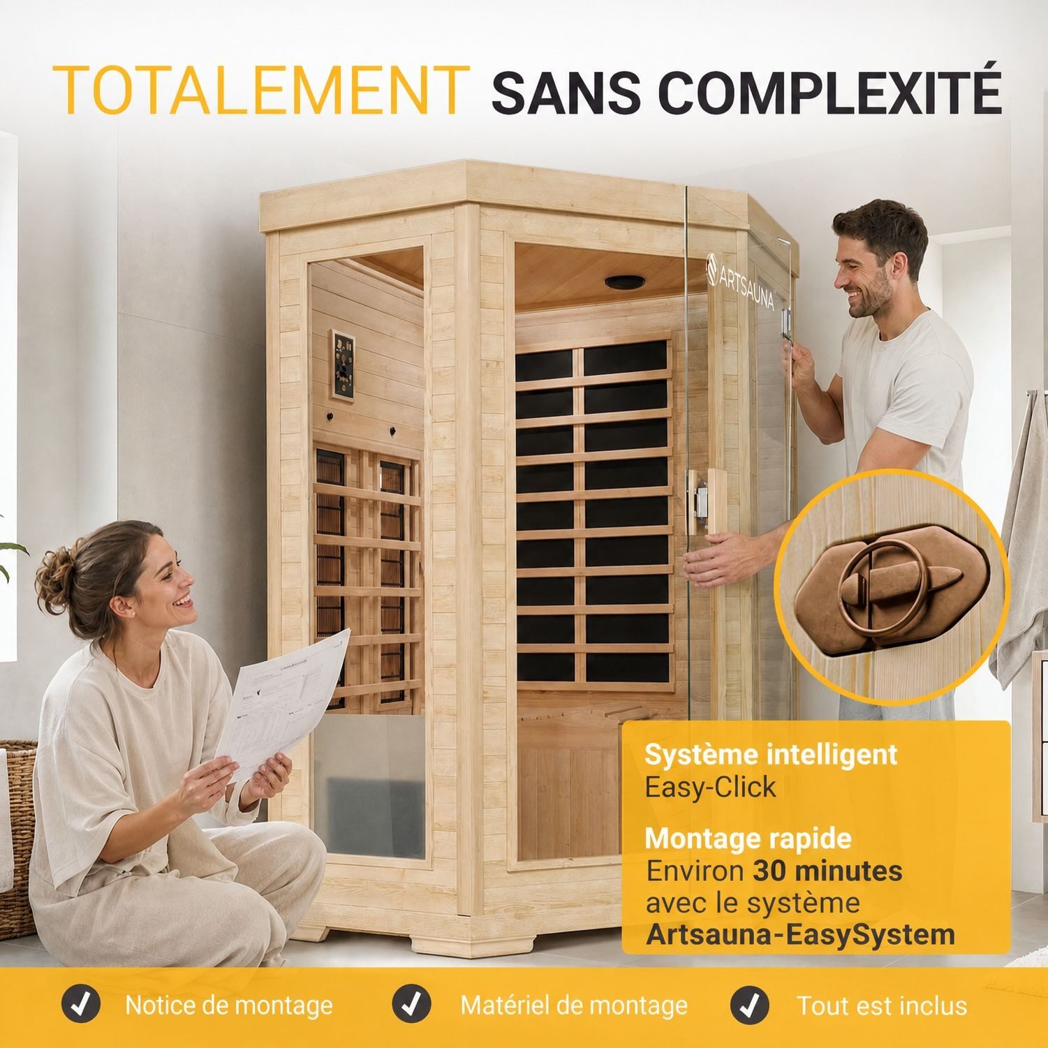 Artsauna Infrarotkabine Aalborg Dual-Technologie, für 2 Personen, Hemlockholz, HiFi-System, Ionisator, LED-Farblicht