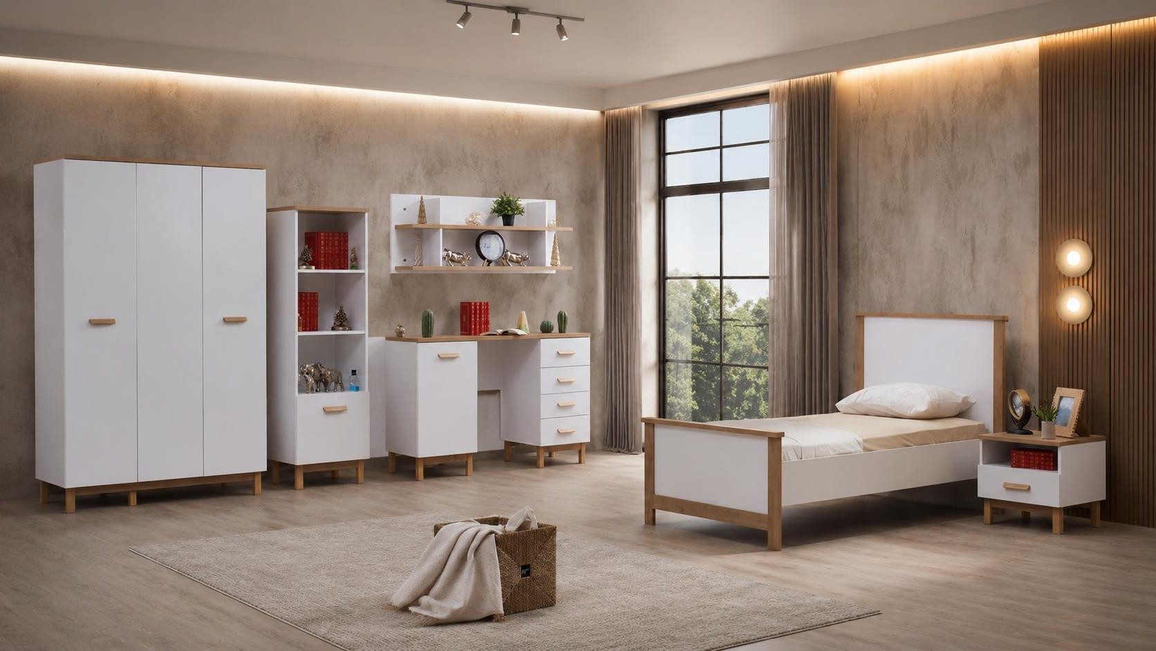 Xlmoebel Kleiderschrank Weißer Kleiderschrank für Jugendzimmer mit viel Stauraum (Jugendzimmer-Set, 7-St., 7-tlg)