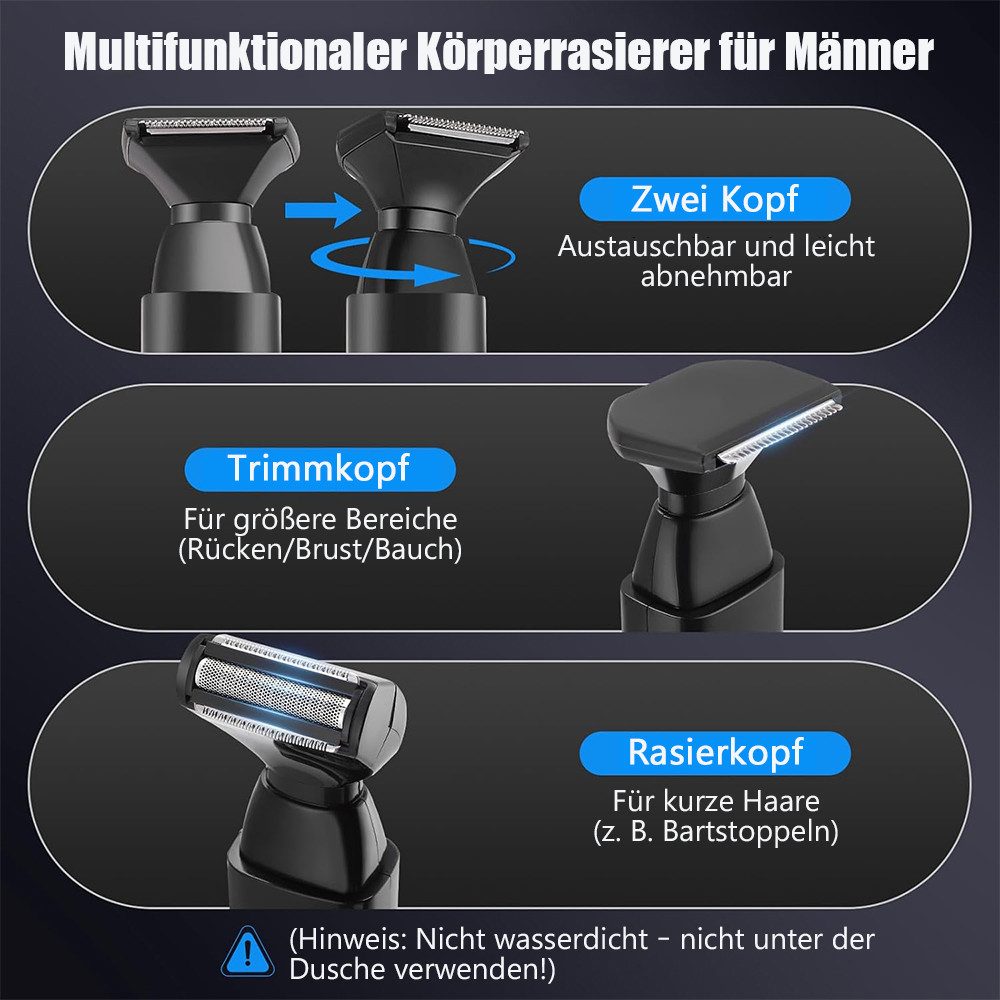 TUWENA Körperrasierer Einziehbarer Körperrasierer, USB Körpertrimmer mit Doppelmesserkopf, Langer Griff Elektrischer Body Groomer Gesichts, Arm, Kinn-Barttrimmer