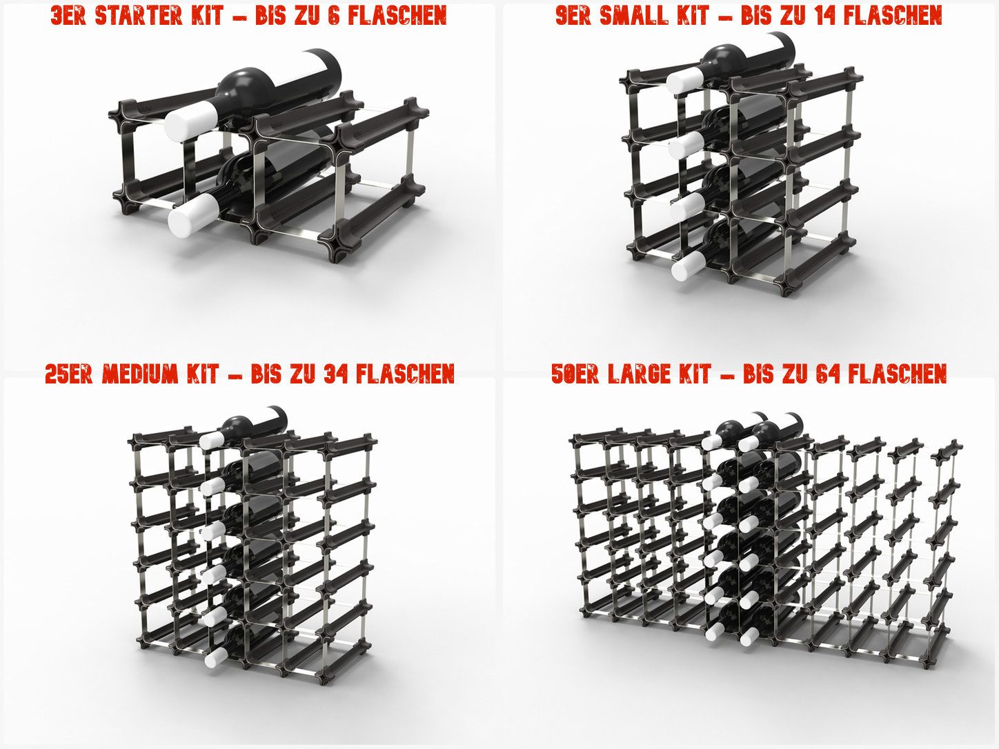 NOOK Flaschenregal erweiterbar stapelbar modulares Stecksystem Sets bis zu 6–60 Flaschen, Set-Typen des NOOK-Weinregals reichen vom Starter Kit für 6 Flaschen bis zum Large Kit für 60 Flaschen, Australisches Design / Platzsparend & vielseitig / Optimale Lagerung