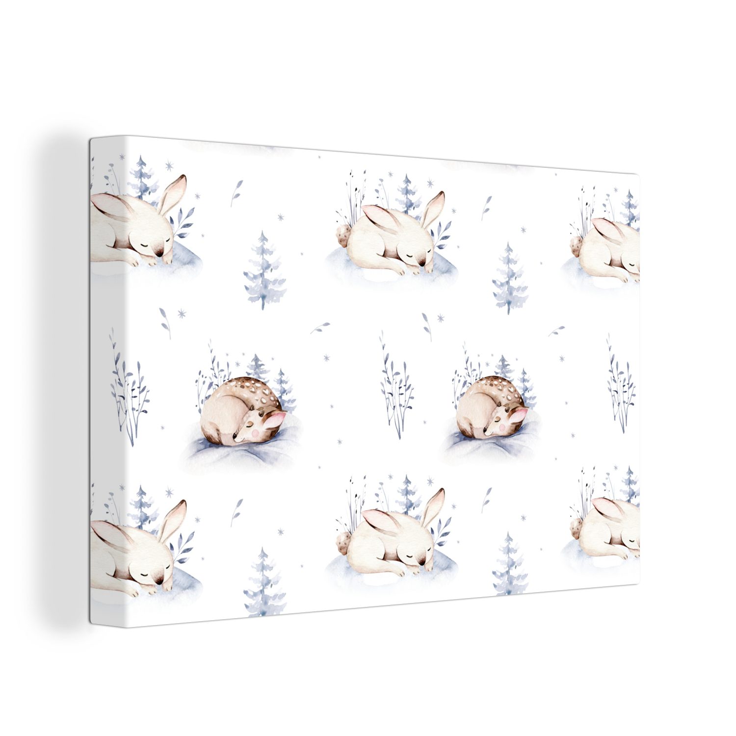 OneMillionCanvasses® Leinwandbild Winter - Hasen - Rehe, (1 St), Wandbild Leinwandbilder, Aufhängefertig, Wanddeko, 30x20 cm