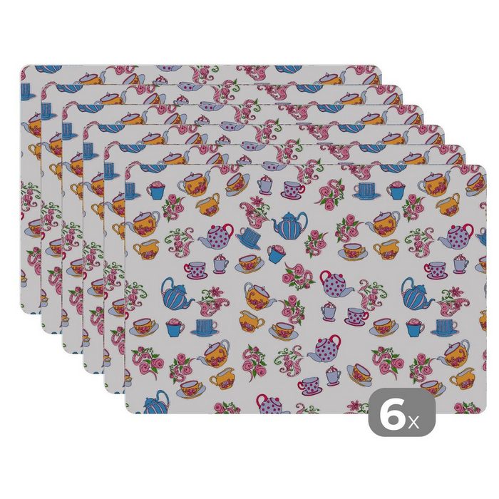 Platzset Muster - Tee - Rosen - Teekanne MuchoWow (6-St) Platzset Platzdecken Platzmatte Tischmatten Schmutzabweisend