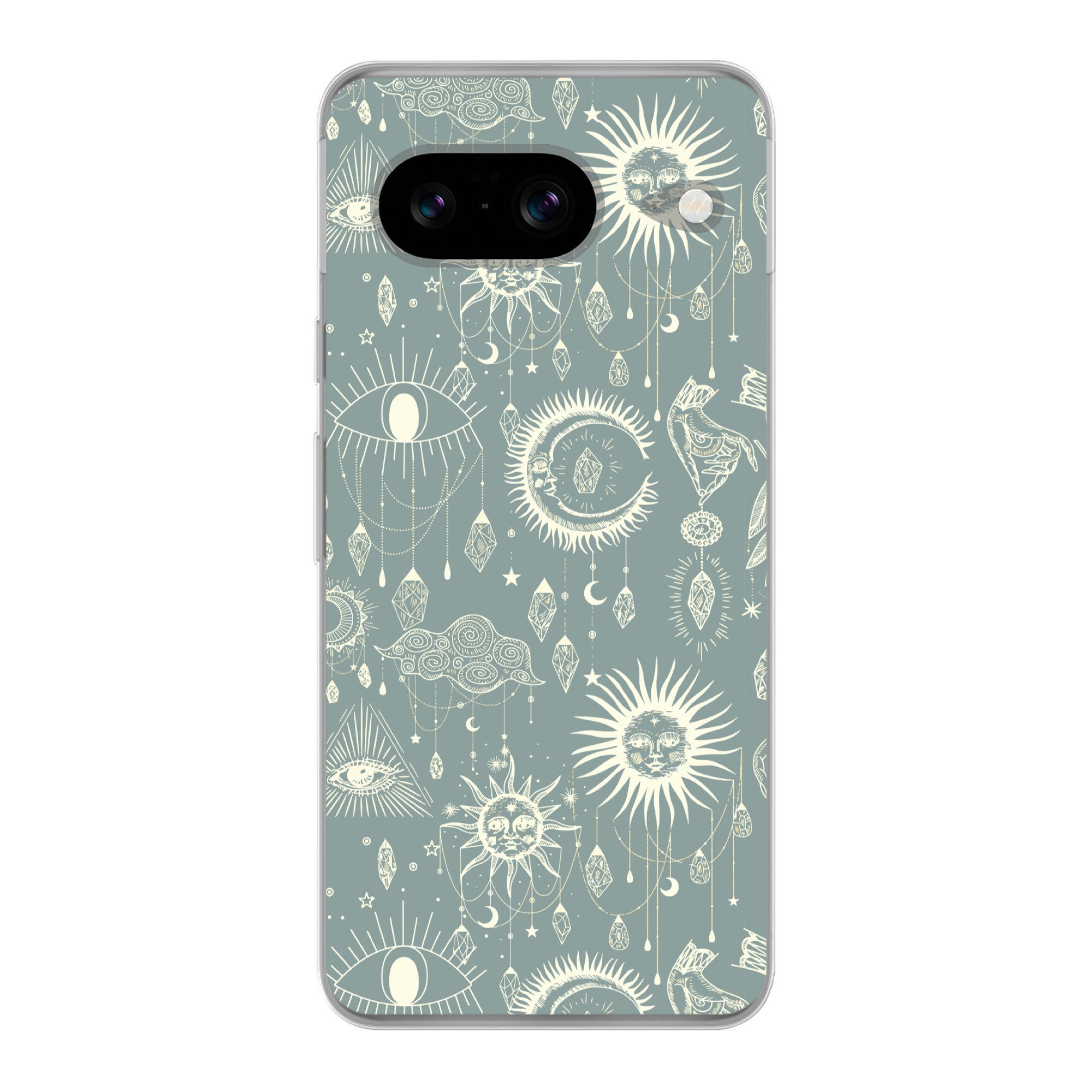 MuchoWow Handyhülle für Google Pixel 8 Boho - Druck - Blau - Sonne - Augen - Zen, Handy Case, Silikon, Bumper Case Dünn