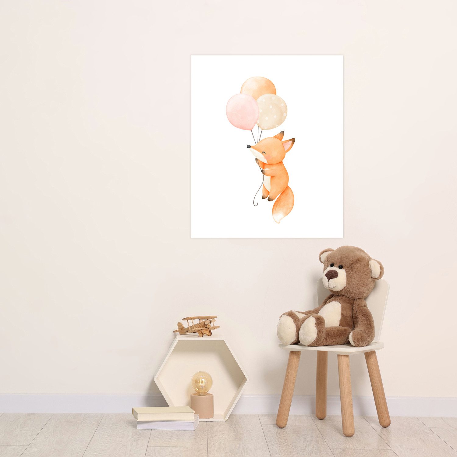 Lüttenhütt Bild mit Rahmen oder Poster, Fuchs mit Luftballons, Fantasy, Füchse, Luftballon, Tiere (1 St), HD Premium Druck