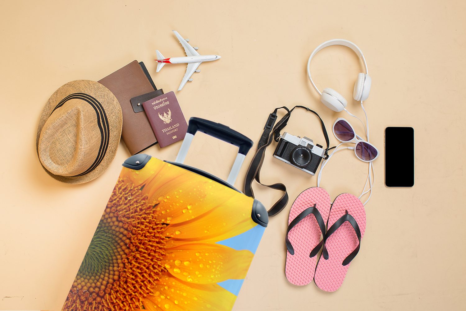 Trolley, Handgepäckkoffer für Handgepäck Sonnenblume, 4 einer Reisekoffer Reisetasche Rollen, Ferien, mit Nahaufnahme rollen, MuchoWow