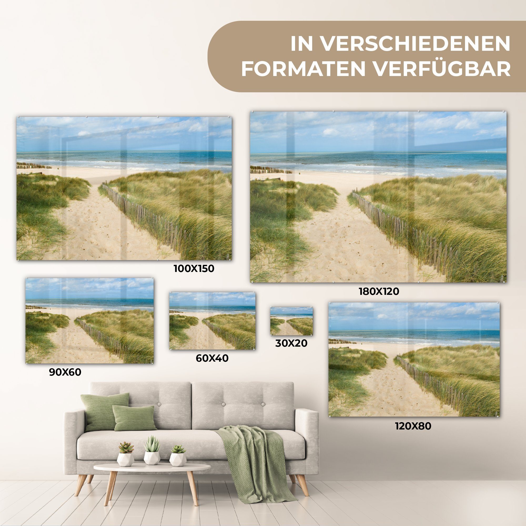 - Meer Wandbild - - St), Glasbilder auf Glas Acrylglasbild Strand auf - Glas Wanddekoration Düne Foto Bilder Belgien, - (1 - MuchoWow