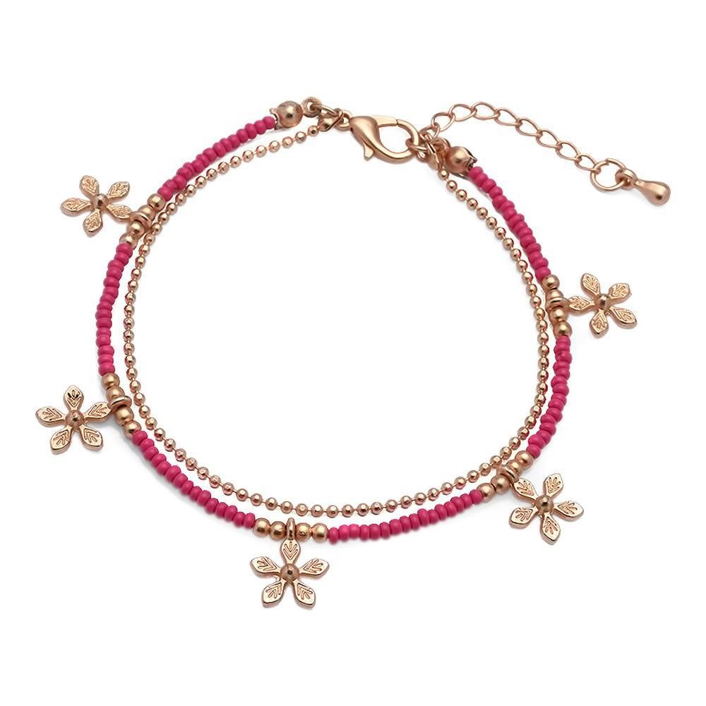 Unique Armband mit süßen Blumendetails aus Metall in Gold und pinken Perlen MOA0013
