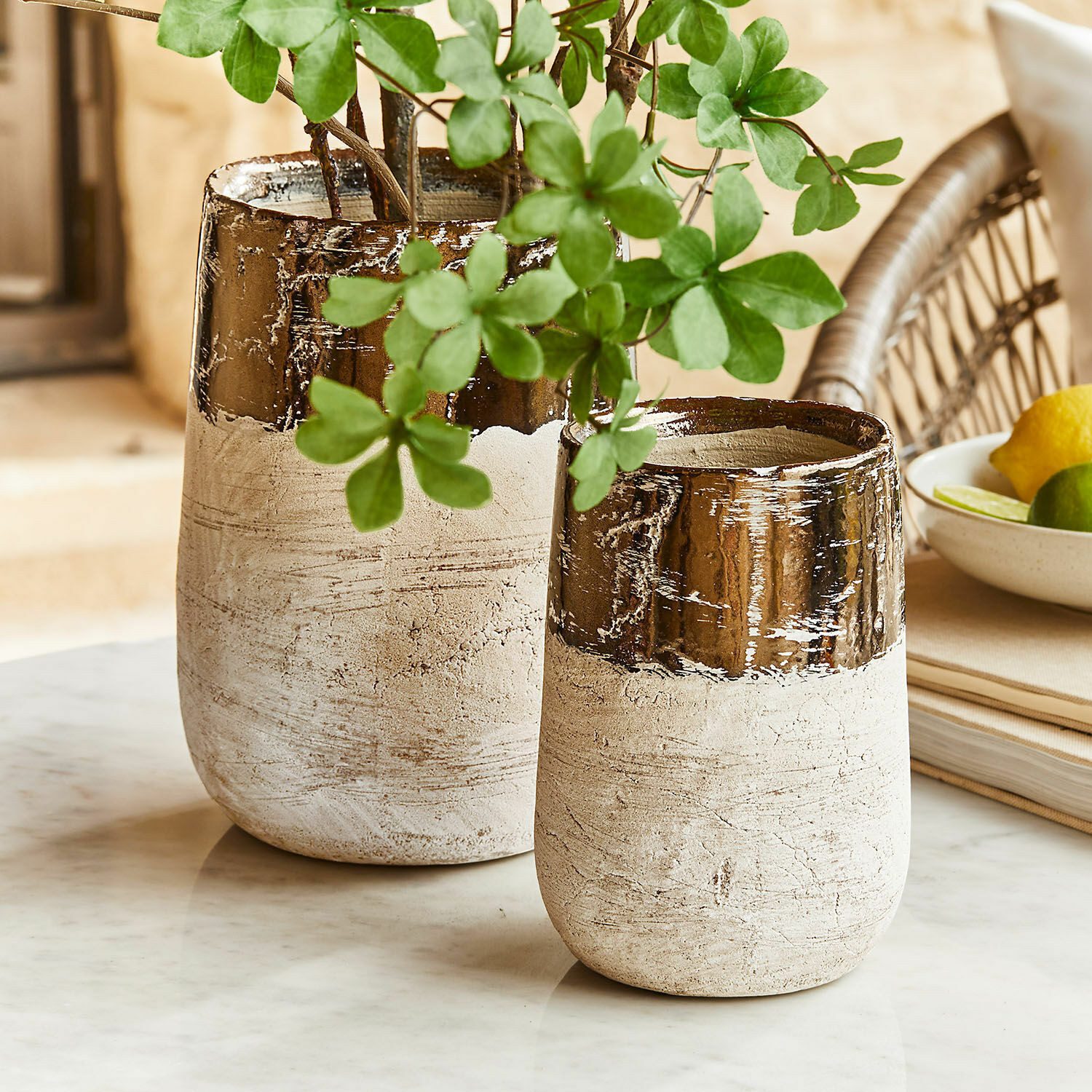 Mirabeau Übertopf Vase 2er Set Hafira beige/bronze