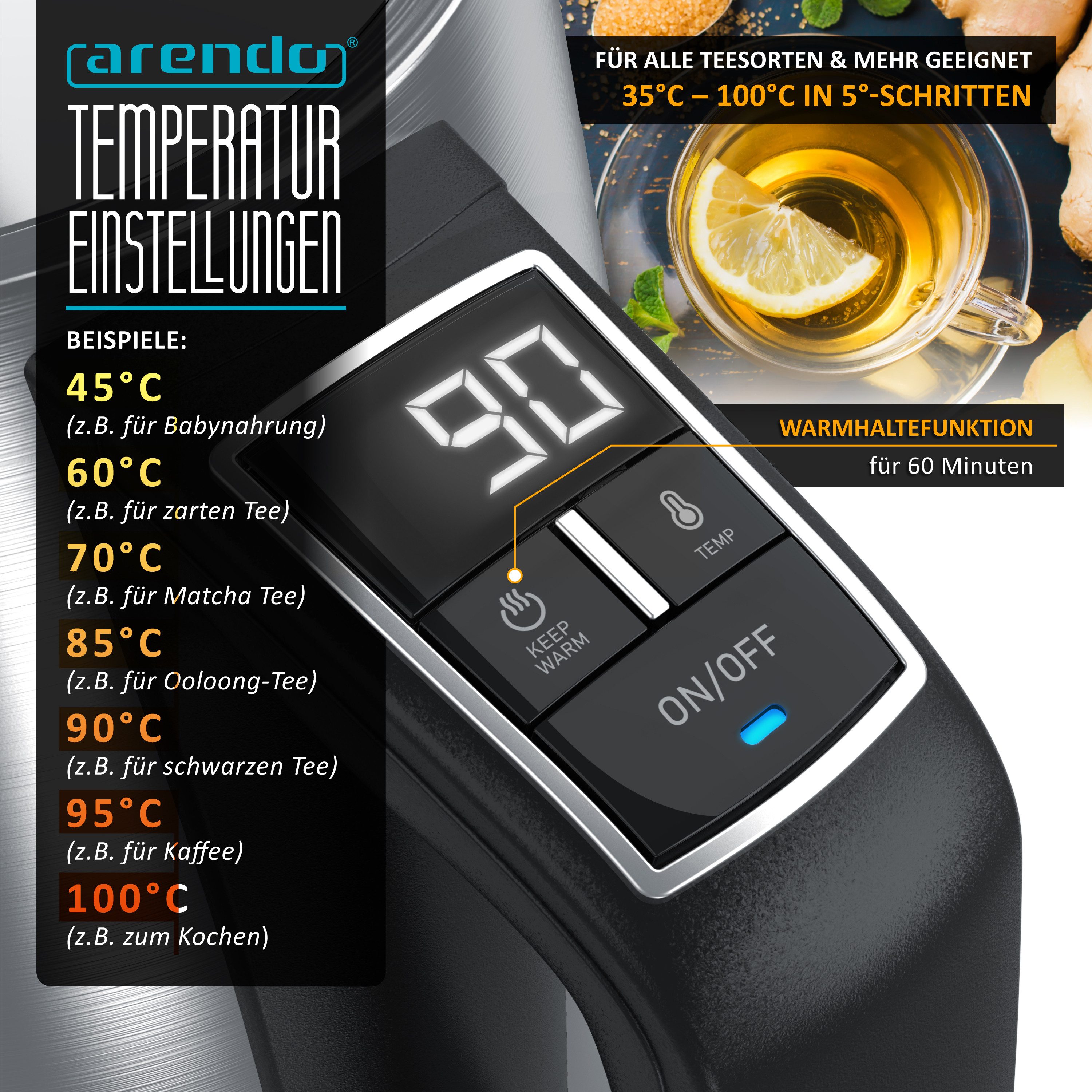 Arendo Wasserkocher Edelstahl, mit Temperatureinstellung, LED Display, Warmhaltefunktion, 1,7 l, 2200 W, Edelstahl, Temperaturwahl 35°C - 100°C, Sichtfenster für Wasserskala