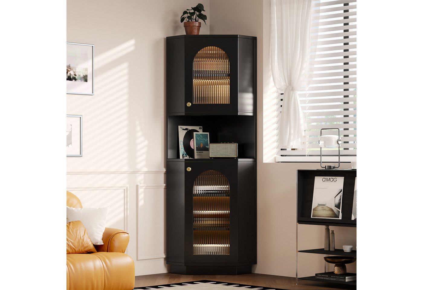 Flieks Badkommode Eckschrank mit LED-Beleuchtung Hochschrank (1 St., mit verstellbaren Einlegeböden, B45/H166,5 cm), Dreieckiger Badezimmerschrank mit 2 Glastüren und 6 Fächern
