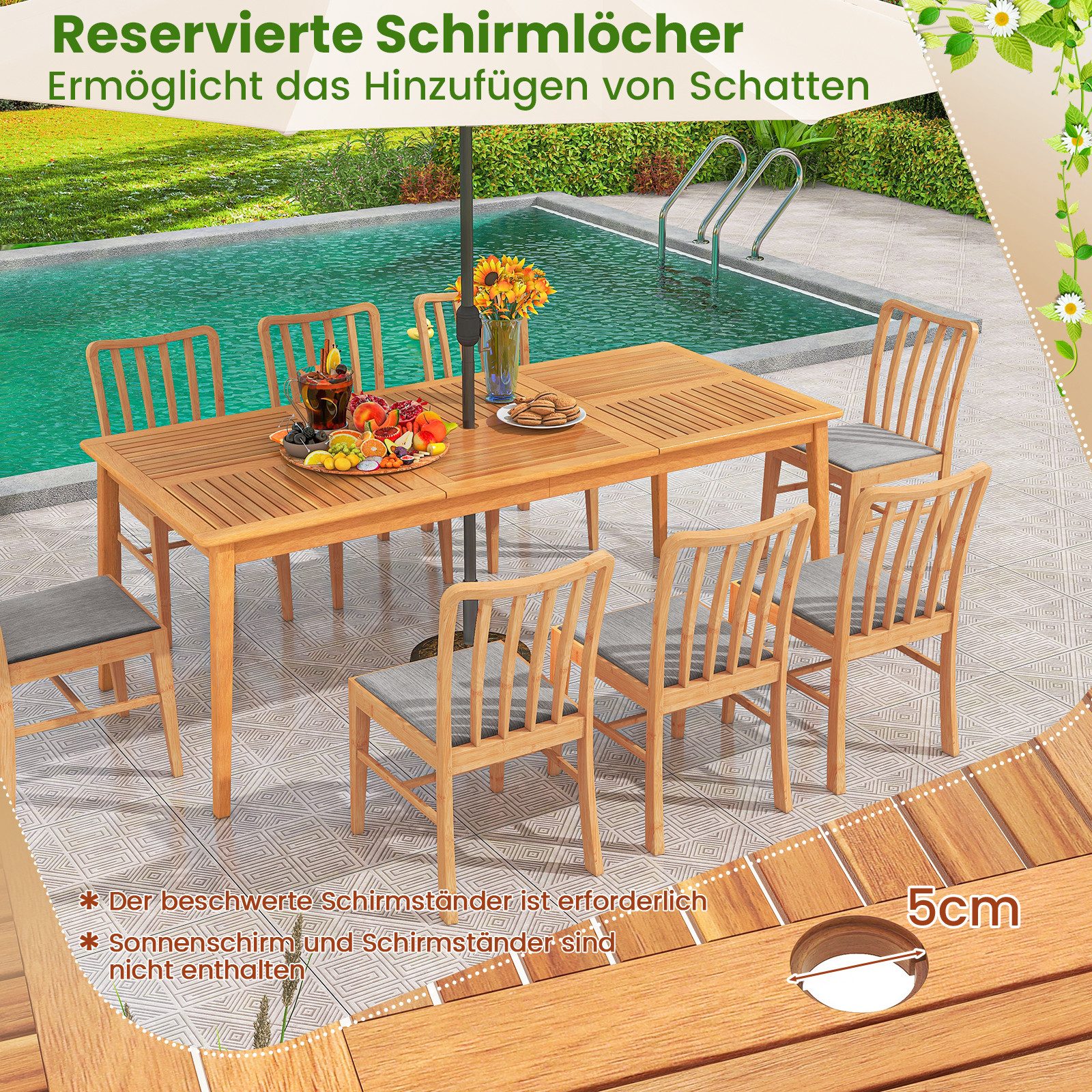 COSTWAY Gartentisch, mit Schirmloch, Akazienholz, 200x90cm, günstig online kaufen