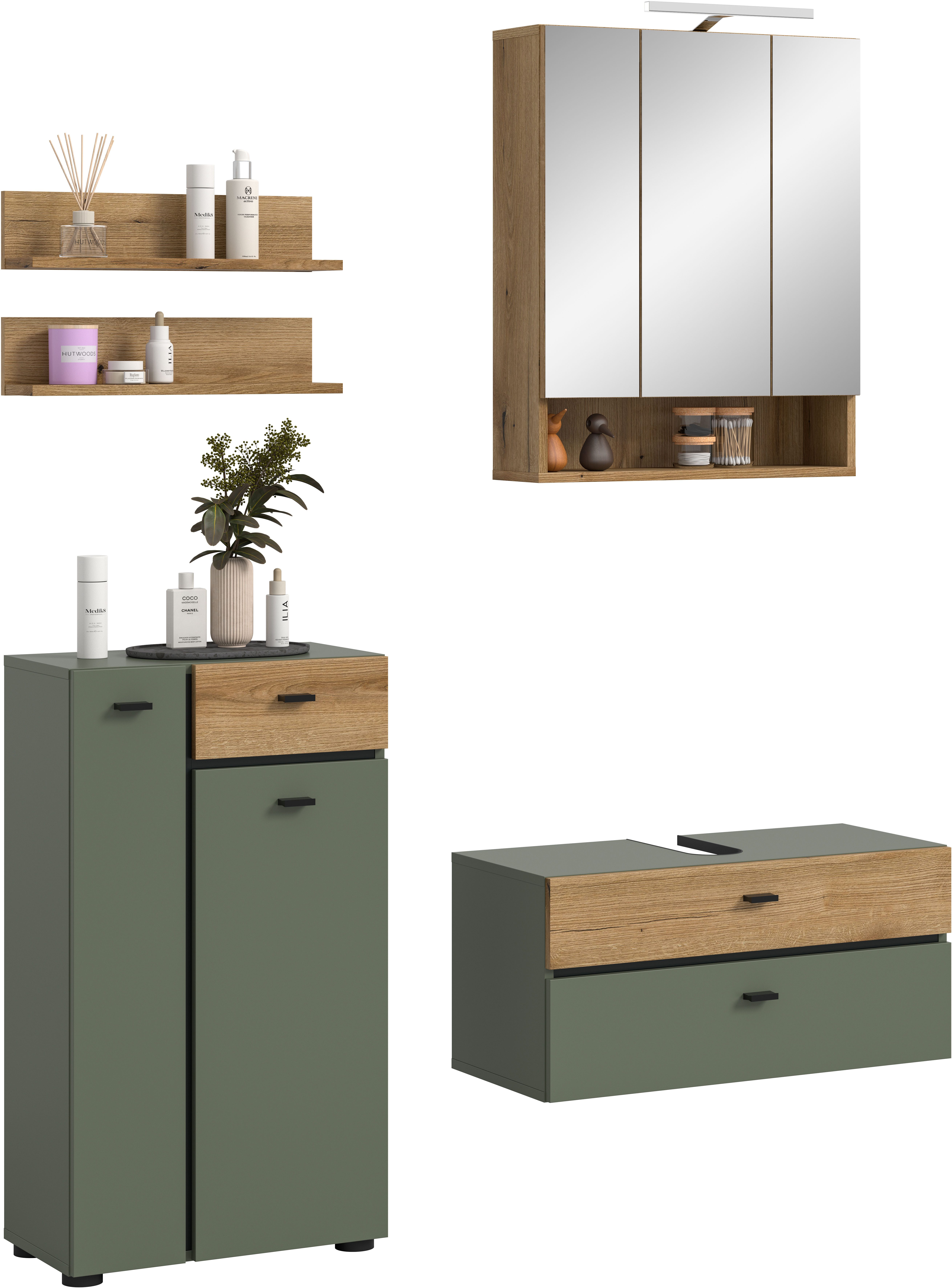 welltime Badmöbel-Set VANN, 5-teilige moderne Badkombination, inkl. Beleuchtung, (5-St., Midischrank, 2er Set Wandregal, Waschbeckenunterschrank,Spiegelschrank), Bad-Kombination, Bad-Möbel, Badezimmer, Kombination, Kombi, Bad-Set