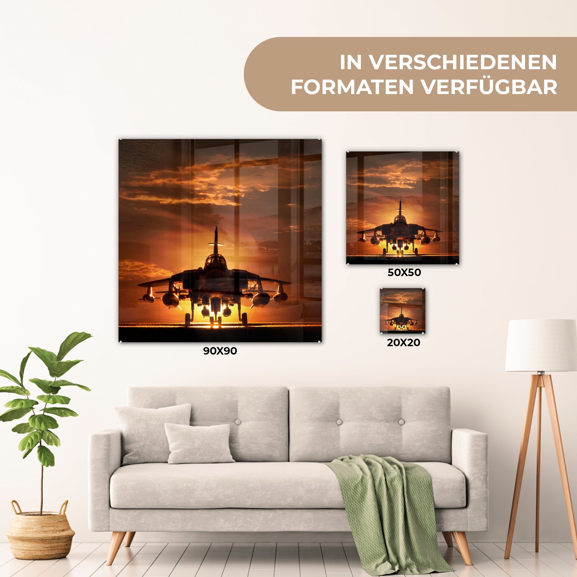 Glas Wandbild Glasbilder Kampfjets bei Sonnenuntergang, - Die Acrylglasbild - Silhouette (1 - eines Glas Foto auf St), Wanddekoration Bilder auf MuchoWow