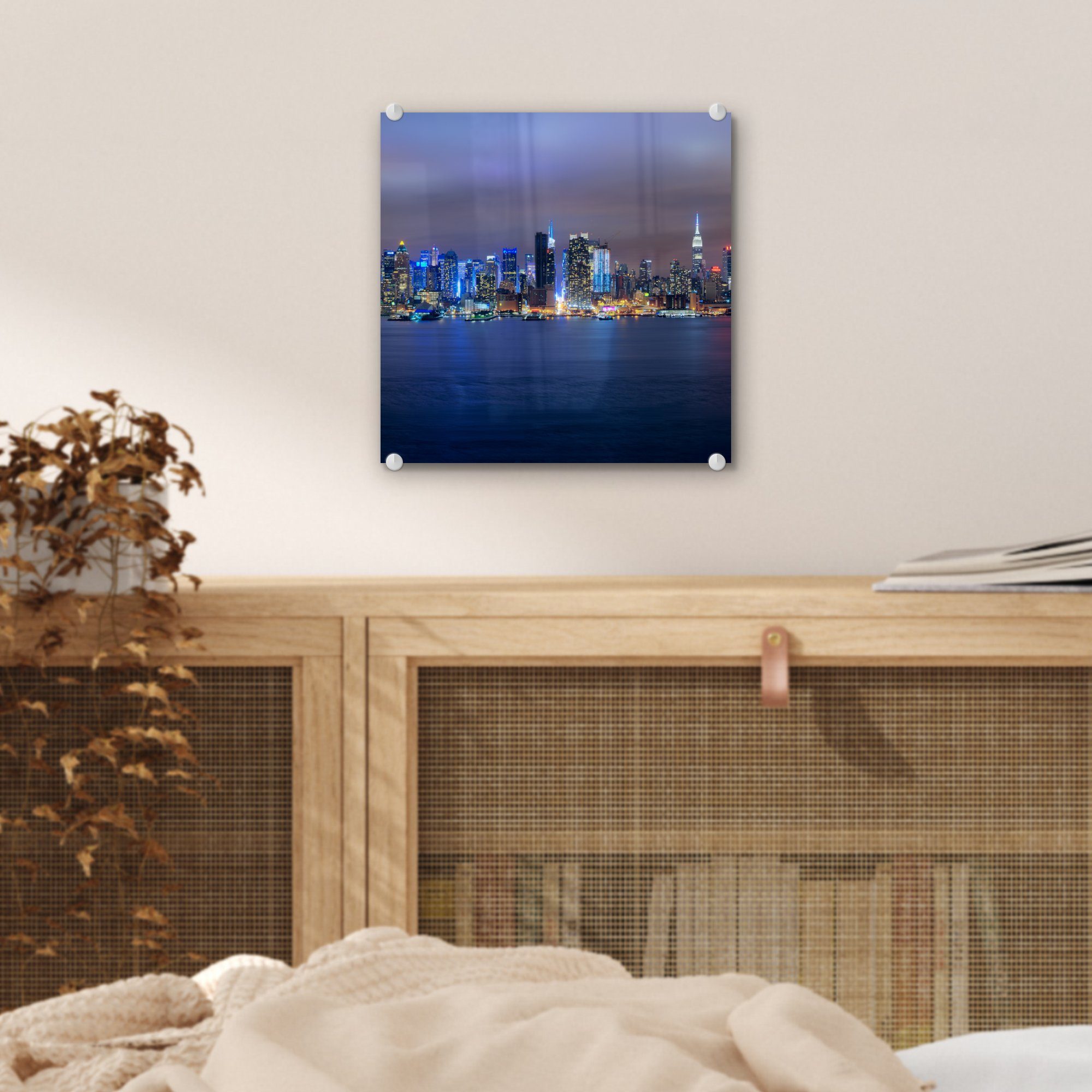 Skyline auf St), Nacht, - Glasbilder New - - Bilder Wanddekoration - MuchoWow York - Acrylglasbild Wandbild (1 Foto Glas bunt auf Glas