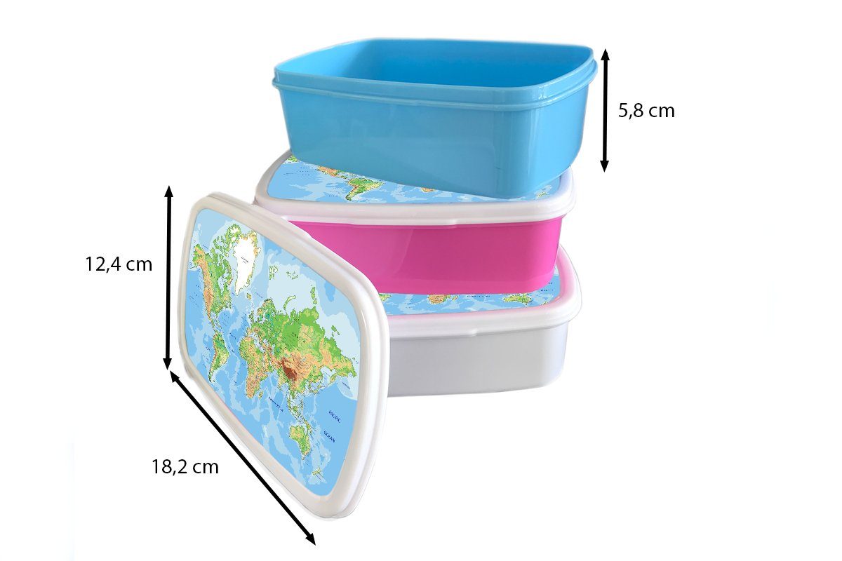 MuchoWow Lunchbox Weltkarte - Kinder Kunststoff, Brotdose, für Junge Mädchen, (2-tlg), - für - und Erwachsene, - und Brotbox Mädchen Kinder Jungs Topographie weiß - Atlas