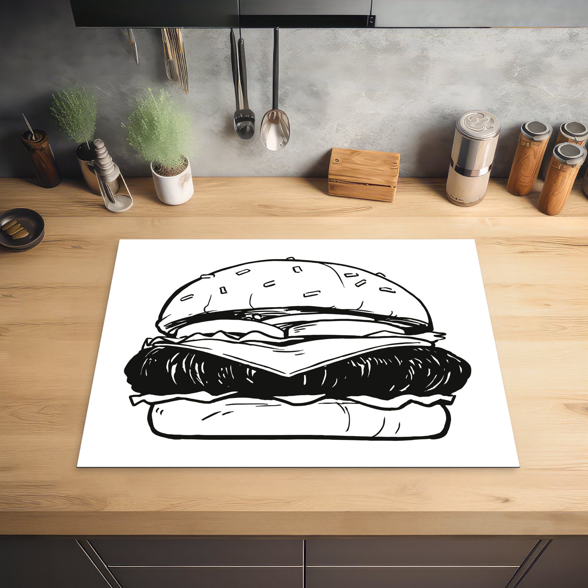 MuchoWow Herdblende-/Abdeckplatte Eine Illustration nutzbar, Mobile Cheeseburgers, Vinyl, 70x52 eines Ceranfeldabdeckung (1 Arbeitsfläche cm, tlg)