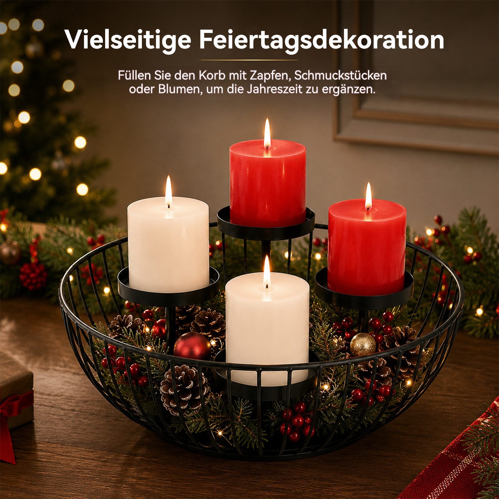LEMLIT Kerzenhalter Adventskranz aus Metall mit 4 Kerzenhaltern (1er Set, 1 St., Moderner runder Adventskerzenhalter, 28 × 28 × 9,2 cm), Teelichthalter Weihnach – Bild 5 von 5