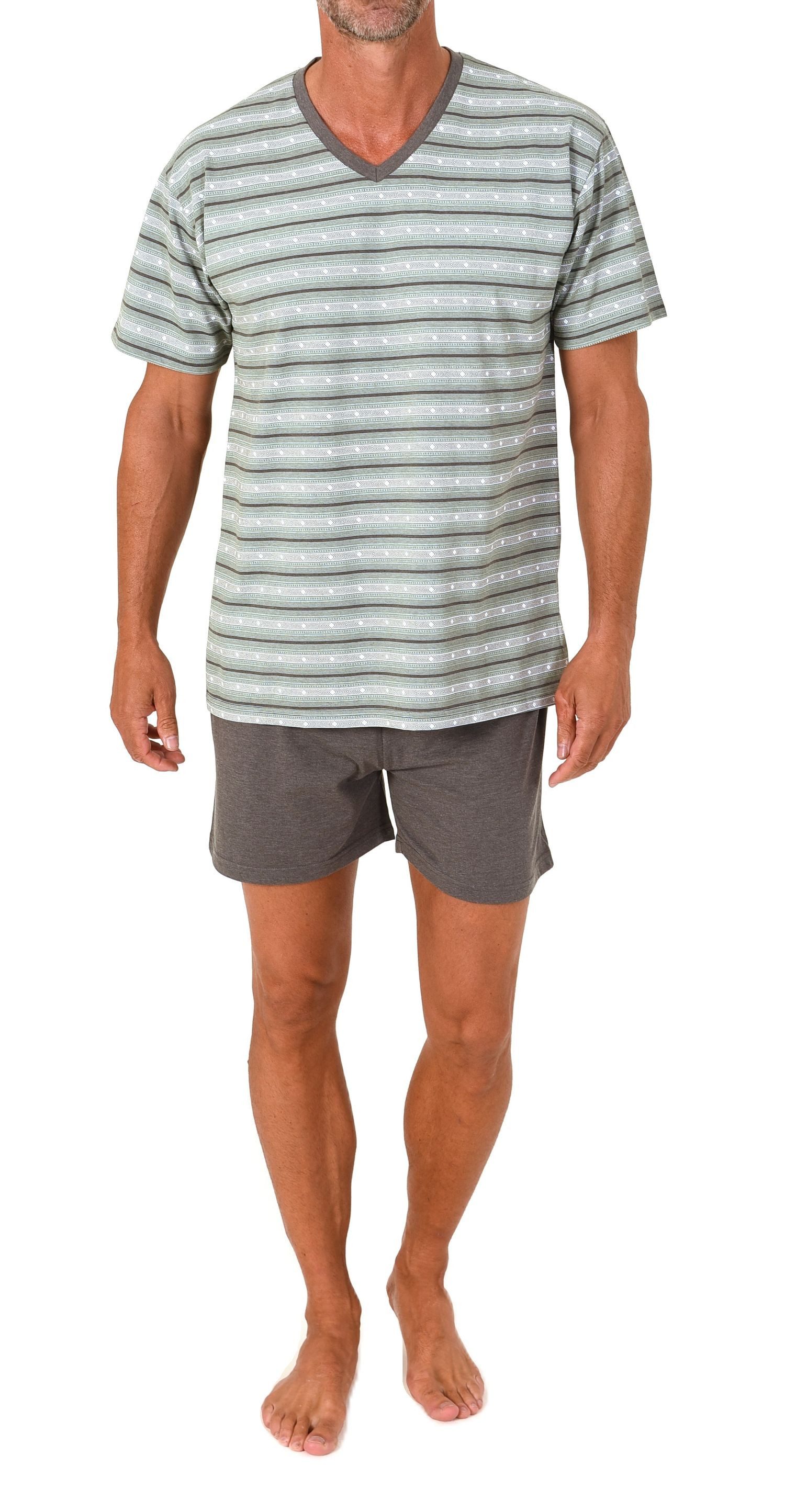 Normann Pyjama Normann Herren kurzarm Schlafanzug Shorty in Streifenoptik und V-Hals
