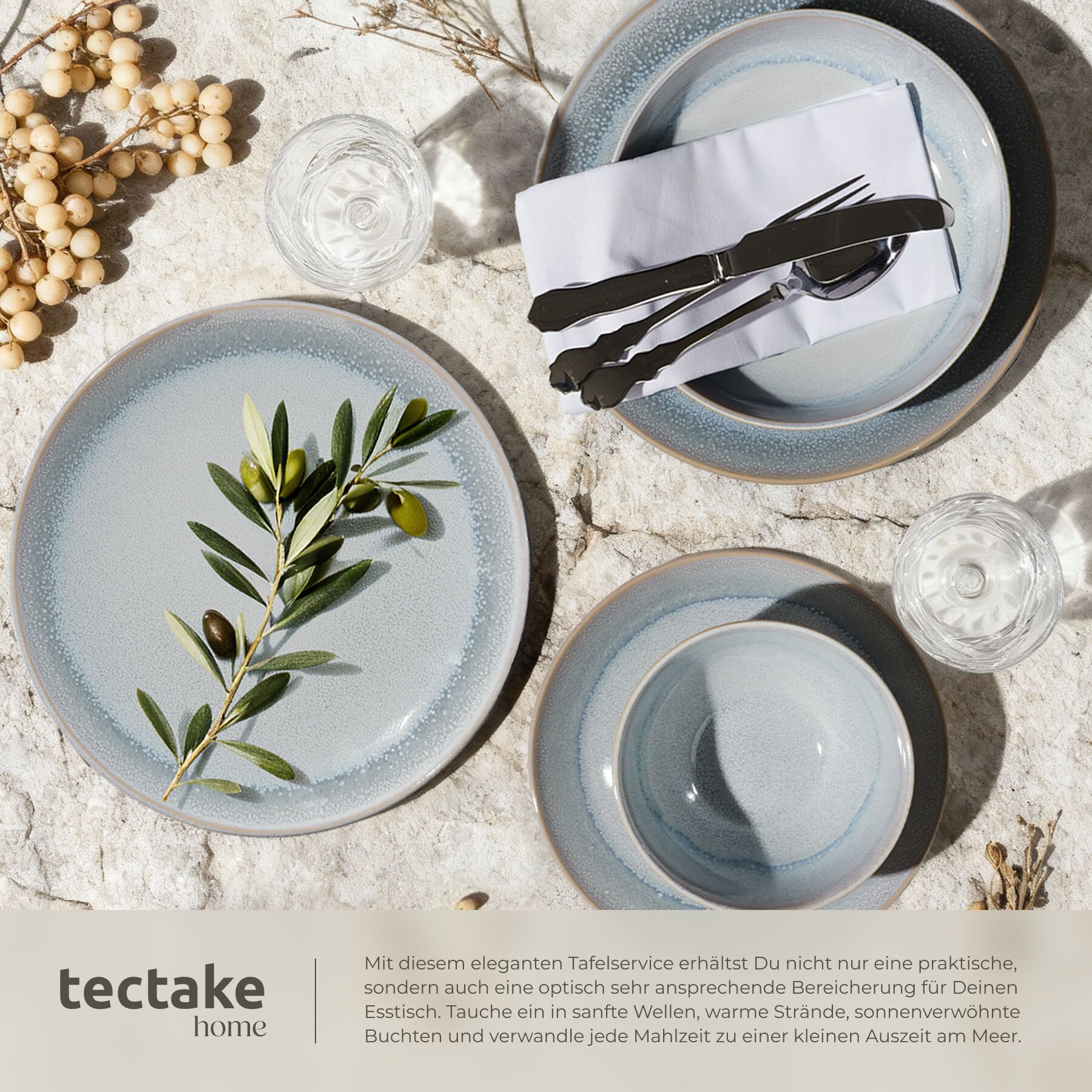 tectake Geschirr-Set Tafelservice aus Steingut für 6 Personen, ineinander stapelbar (24-tlg), 6 Personen, Steingut, handgefertigt, mit Glasur, spülmaschinen- un – Bild 5 von 5