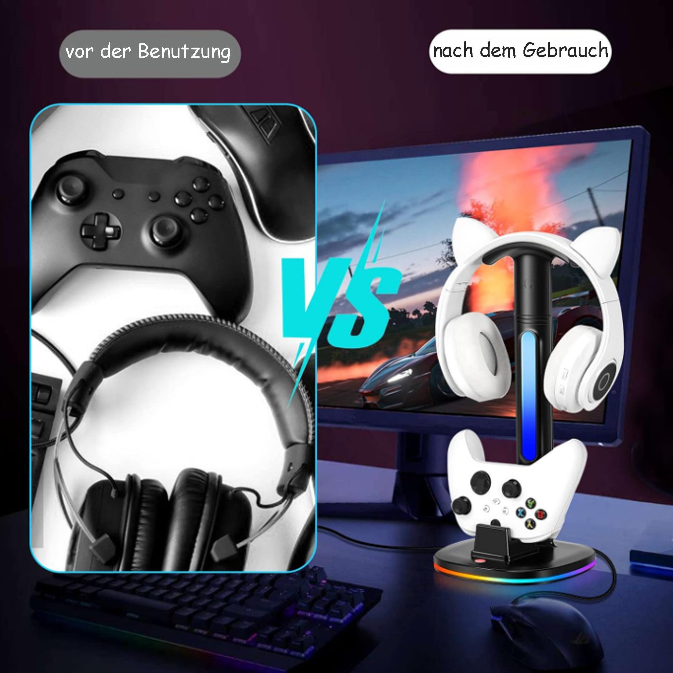 KINSI Ladestation für Xbox Controller & Headset mit RGB-Beleuchtung Zubehor für Xbox Contoller (Abnehmbarer Halter für Xbox,Kabelloses Laden & Aufbewahrungsständer)