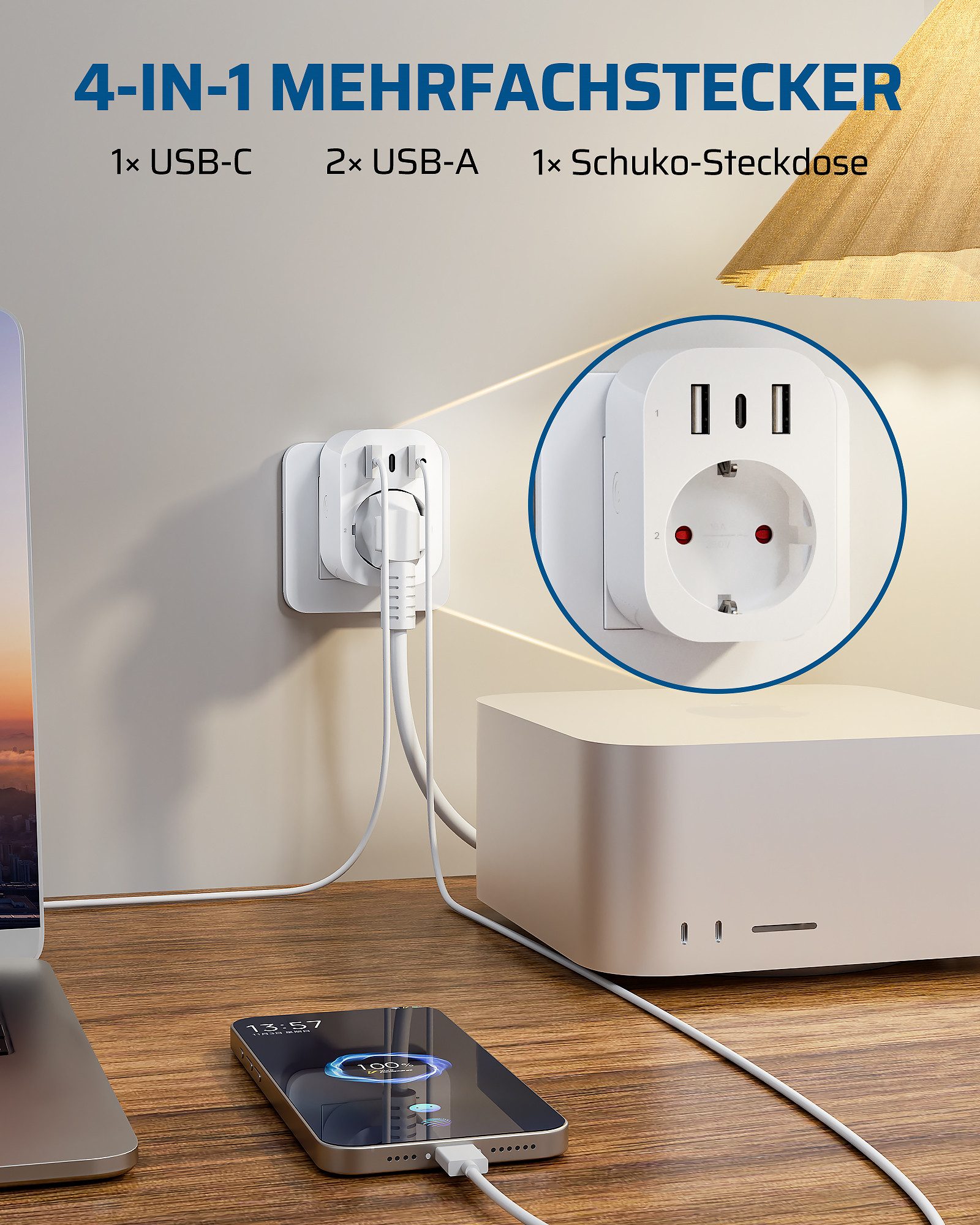 DEWENWILS Funksteckdose mit Fernbedienung, max. 3680 W, 1-St., 4-in-1 Mehrfachsteckdose mit USB