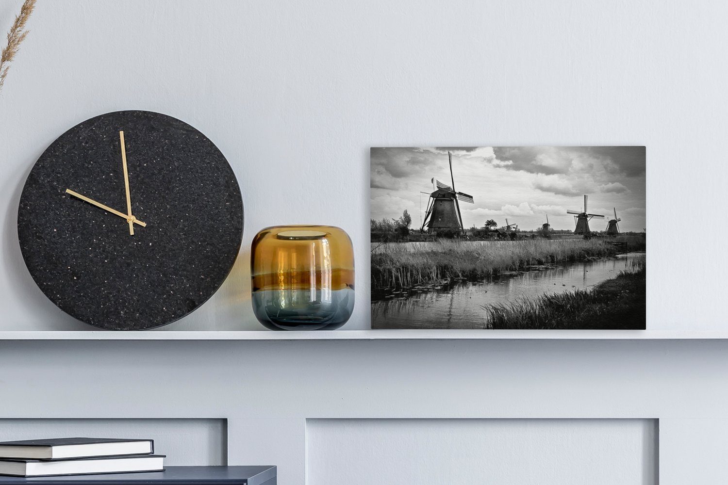 OneMillionCanvasses® Leinwandbild Windmühle - Niederlande Schwarz - Weiß, St), Wasser - Leinwandbilder, - Wanddeko, cm Wandbild 30x20 (1 Aufhängefertig