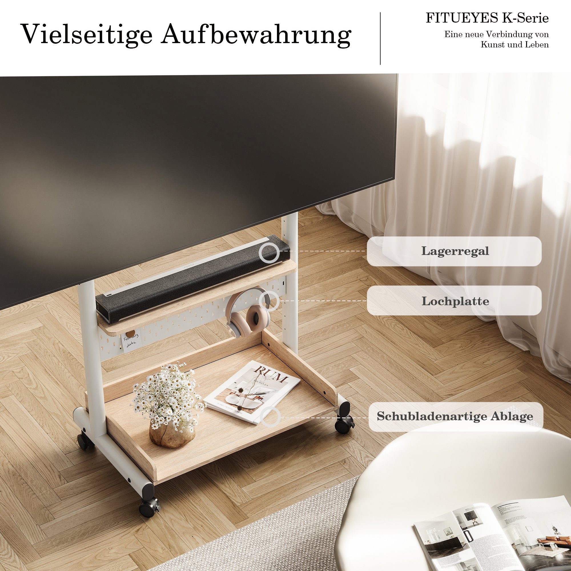 FITUEYES TV-Ständer TV-Rollwagen mit Ablageflächen, Lochwand, 40-85 Zoll, (bis 85 Zoll, mit Rollen, höhenverstellbar)