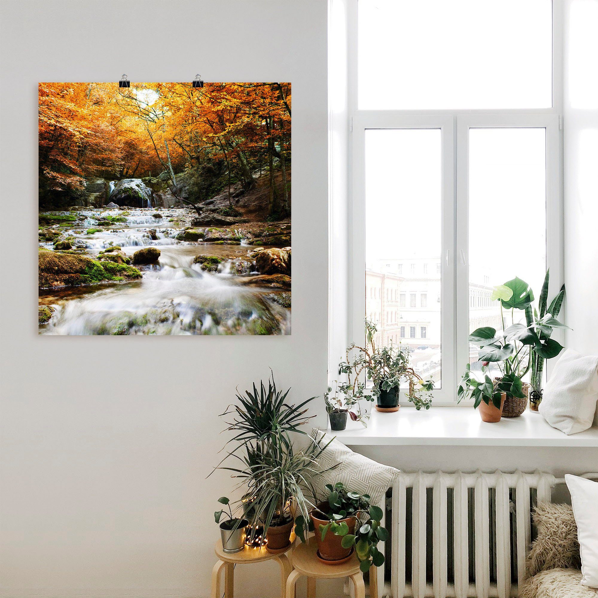 Artland Wandbild Herbstlicher Wasserfall, Größen oder Gewässer Poster St), (1 Leinwandbild, Wandaufkleber versch. als in Alubild