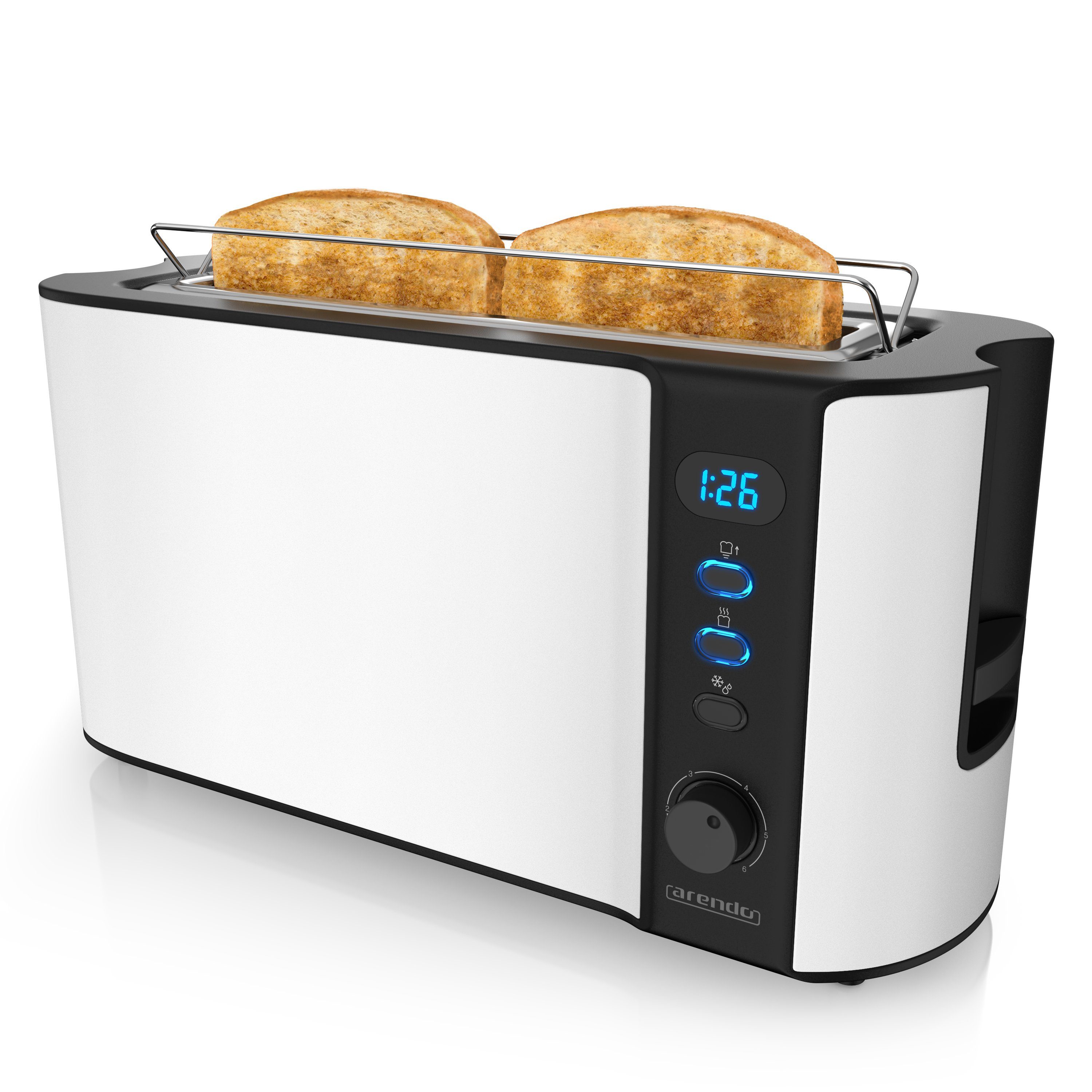 Arendo Toaster Display mit Restzeitanzeige, Edelstahl, Langschlitz, Brötchenaufsatz, 1 langer Schlitz, für 2 Scheiben, 1000 W, Defrost Funktion, Wärmeisolierendes Gehäuse, Krümelschublade