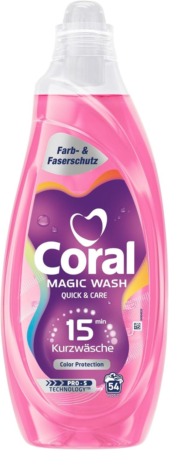Coral 1x Magic Wash Quick & Care Color Protection Flüssigwaschmittel 54 WL Colorwaschmittel (1-St. für 15 Minuten Kurzwäsche mit PRO-S Technologie)