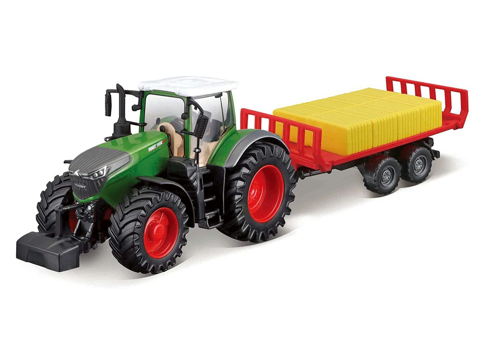Bburago Spielzeug-Auto Traktor - Fendt 1050 Vario mit Heuballentransporter (10cm), mit Schwungradantrieb