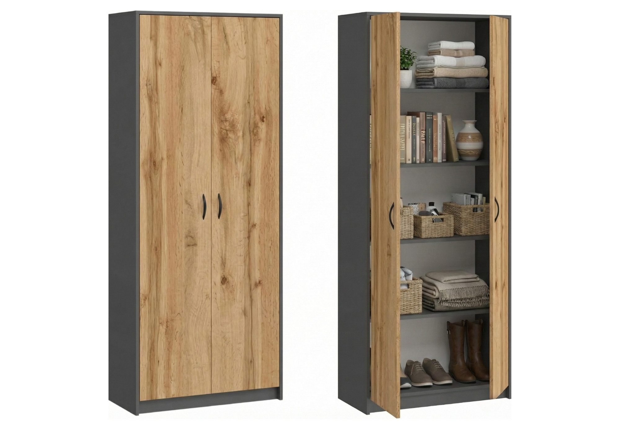 Home Collective Mehrzweckschrank Kleiderschrank Regal 74cm breit 180cm hoch Aktenschrank mit vier Einlegeböden, Haushaltsschrank in Anthrazit mit Eichefarben
