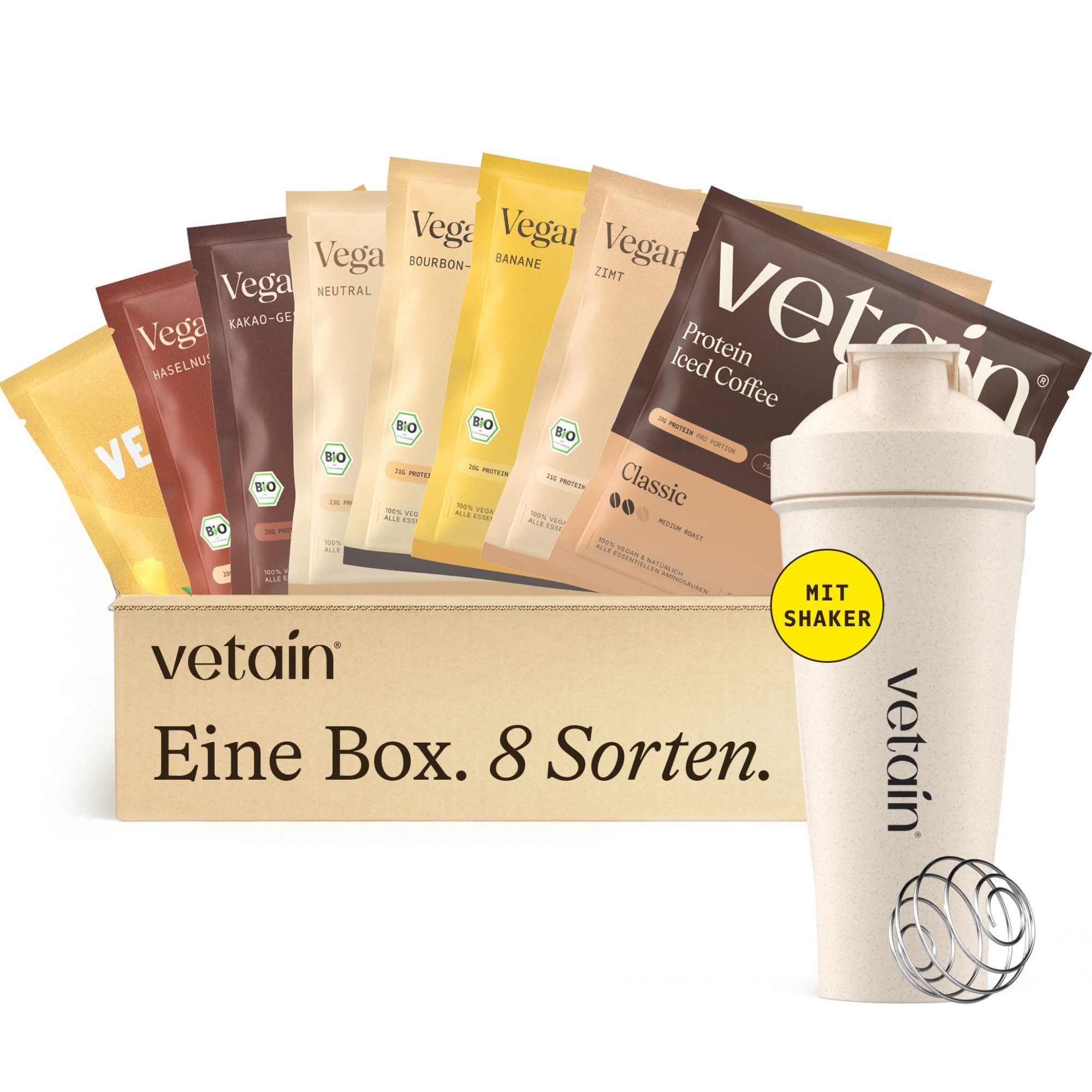 VETAIN Bio Vegan Protein Probierpaket + Shaker - 8 x 30g - 23g Protein - Pulver, Fermentiert, frei von raffiniertem Zucker & künstlichen Süßstoffen