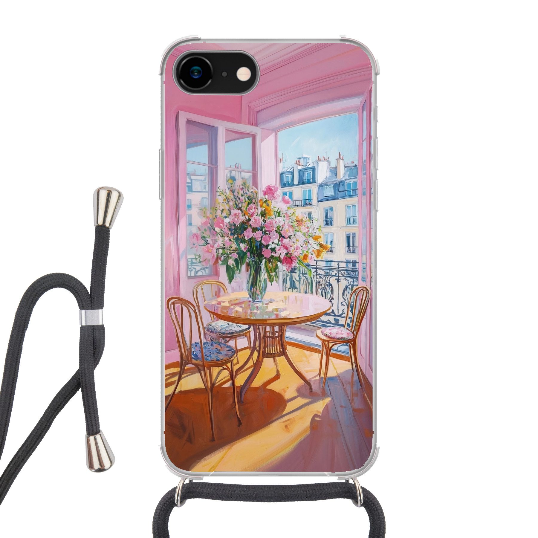 MuchoWow Handyhülle für Apple iPhone 8 Rosa - Stadt - Blumen, Tragbare Handyhüllen mit Kette zum umhängen, Handykette Handyband