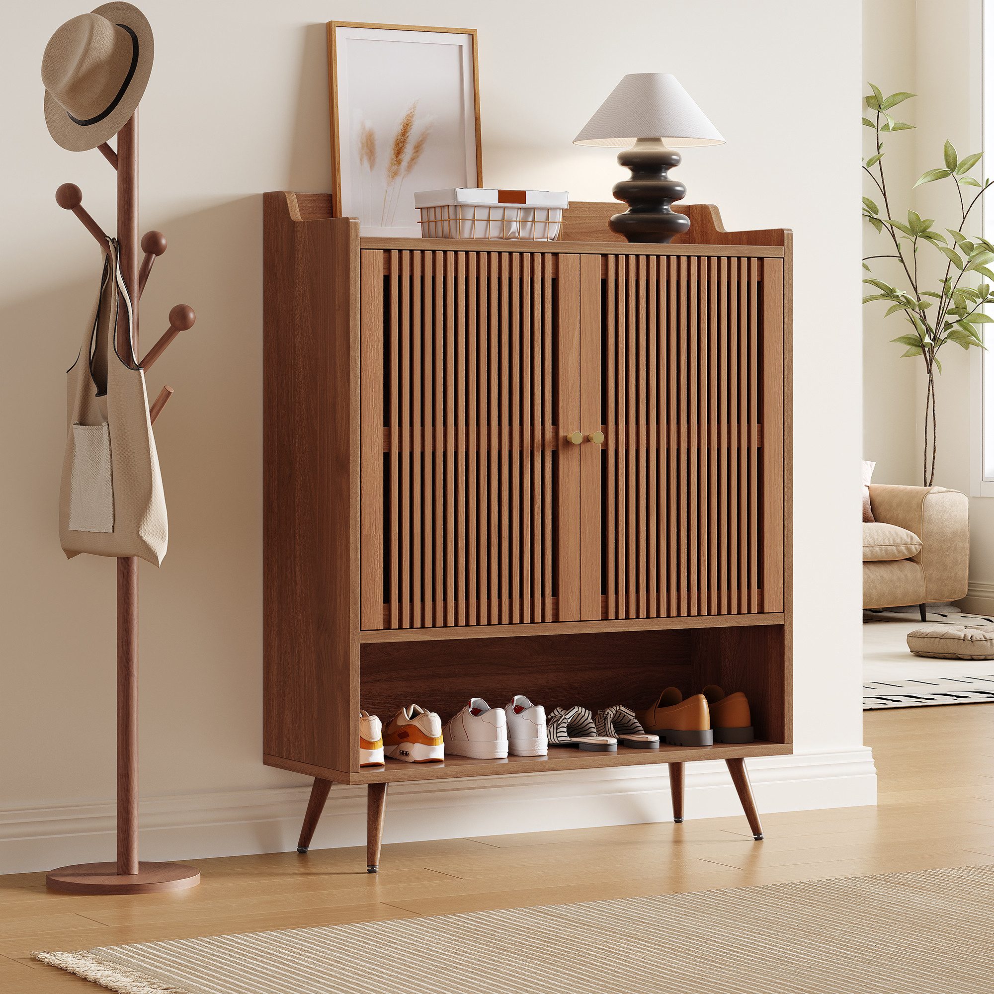Merax Schuhschrank mit Rillenfront, Aluminiumgriffen und Eisenfüßen (Schuhaufbewahrung für Eingangsbereich, 1-St., 80 x 35 x 105 cm (L x B x H) Flurschrank mit offenem Schuhfach & festem Einlegeboden
