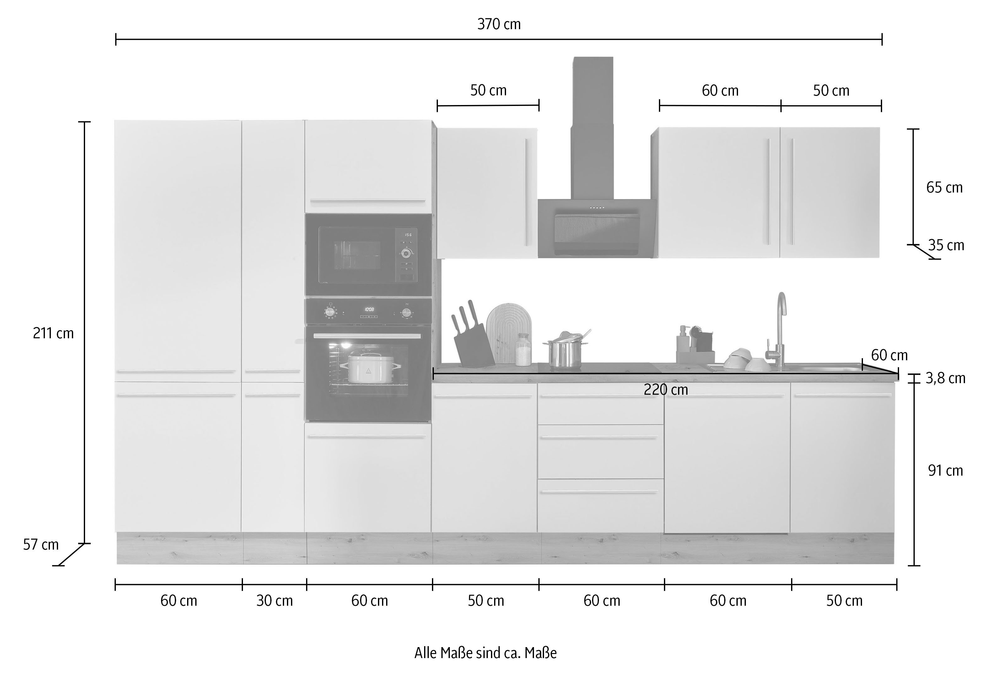 KOCHSTATION Küchenzeile Florida, Breite 370 cm, wahlweise mit E-Geräten,Softclose für Türen/Schubkästen