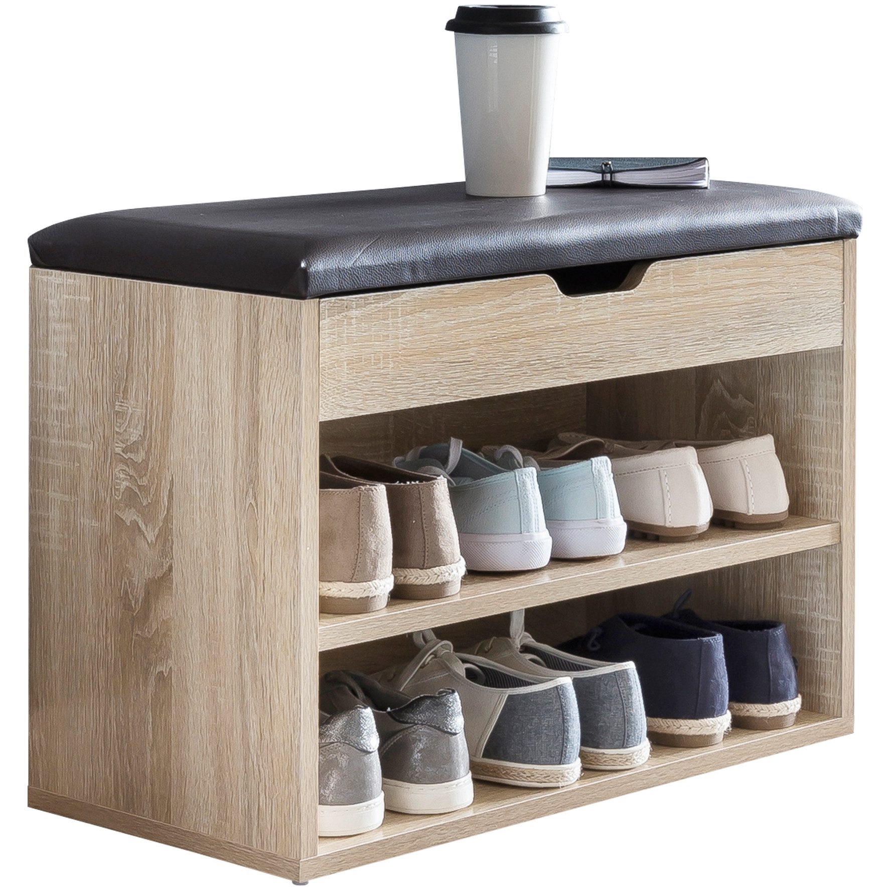 furnicato Schuhschrank Garderobenbank mit Stauraum 60x40x30 cm Sonoma Eiche Gepolsterte Schuhbank mit extra Stauraumfach und Mulden Griff