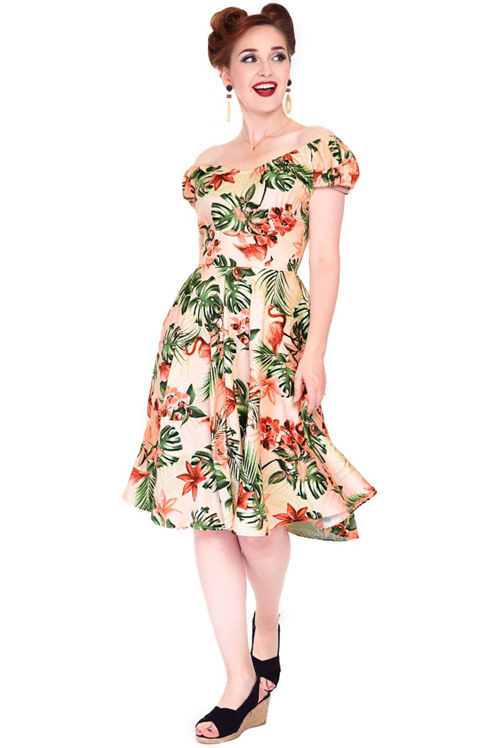 Voodoo Vixen A-Linien-Kleid Tropical Flamingo Swingkleid 50er 50s Retro Blumen