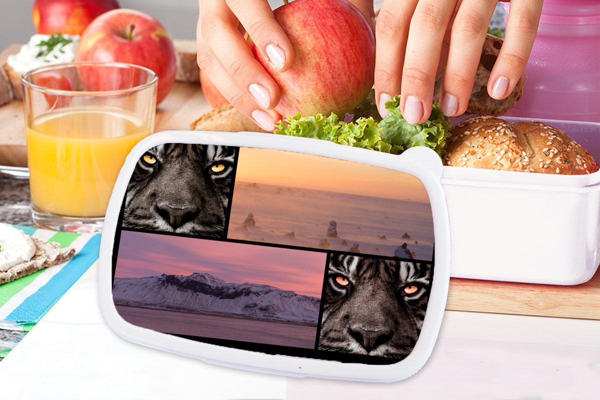 MuchoWow Lunchbox Jungs für Mädchen Kinder - (2-tlg), weiß Brotbox Sonnenuntergang, und Kunststoff, Brotdose, und Collage für Tiger - Natur - Erwachsene